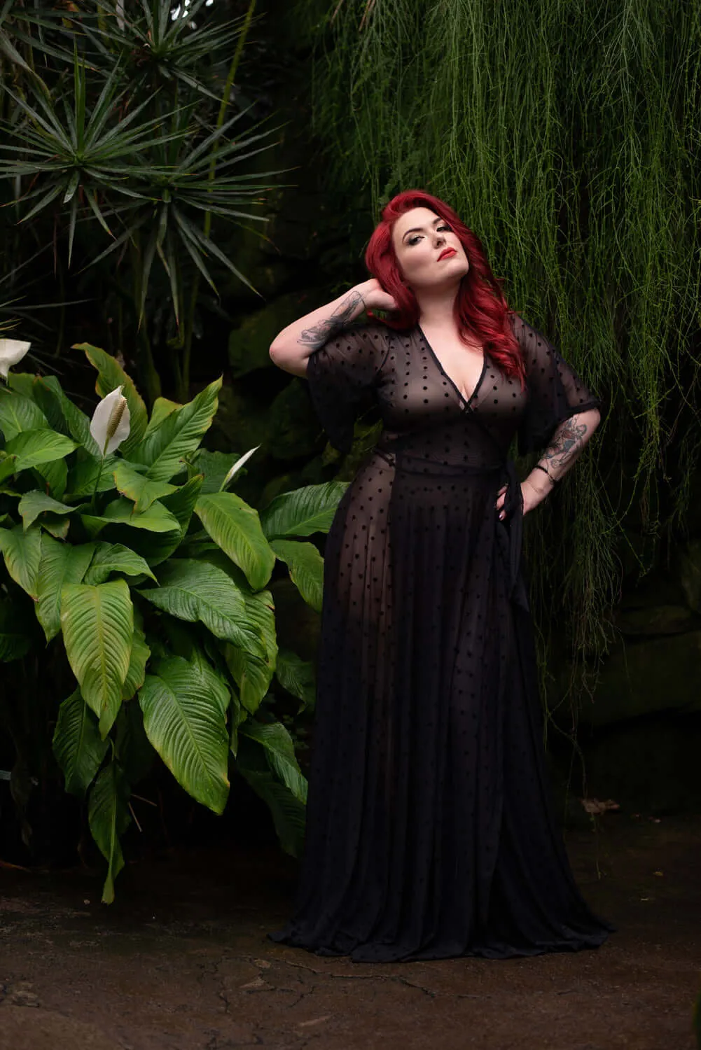 Polka Dot Flocked Black Mesh Lydia Dress sold by Wax Poetic