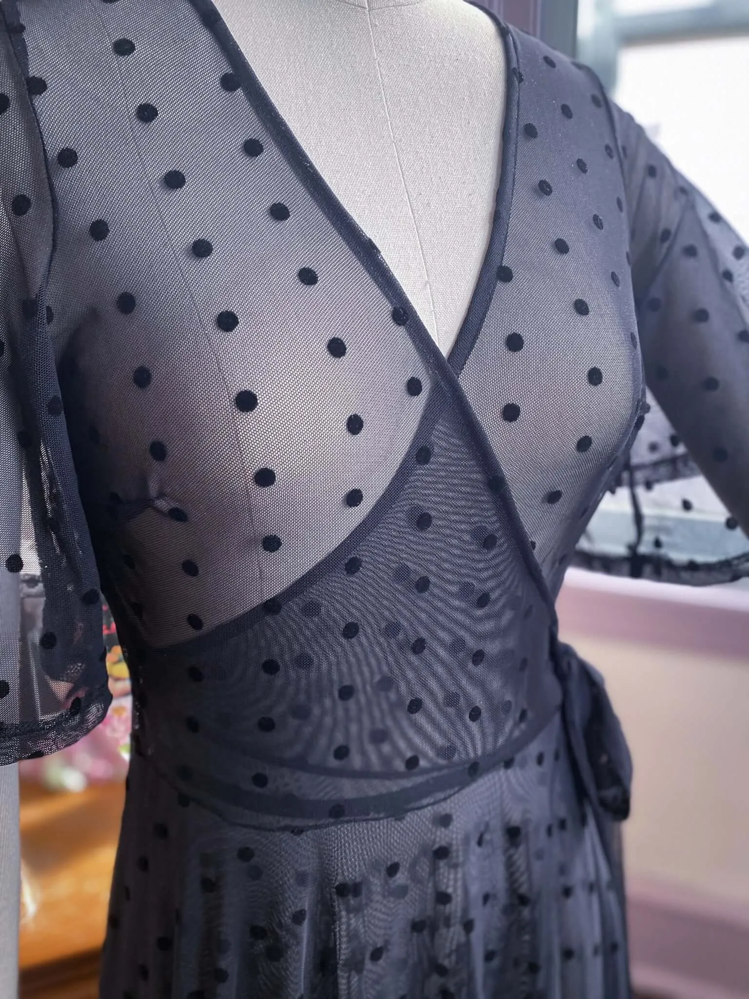 Polka Dot Flocked Black Mesh Lydia Dress sold by Wax Poetic product image thumbnail 3