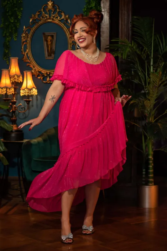 Villanelle Maxi Dress in Malibu Pink Sparkle Pleated Knit sold by Wax Poetic