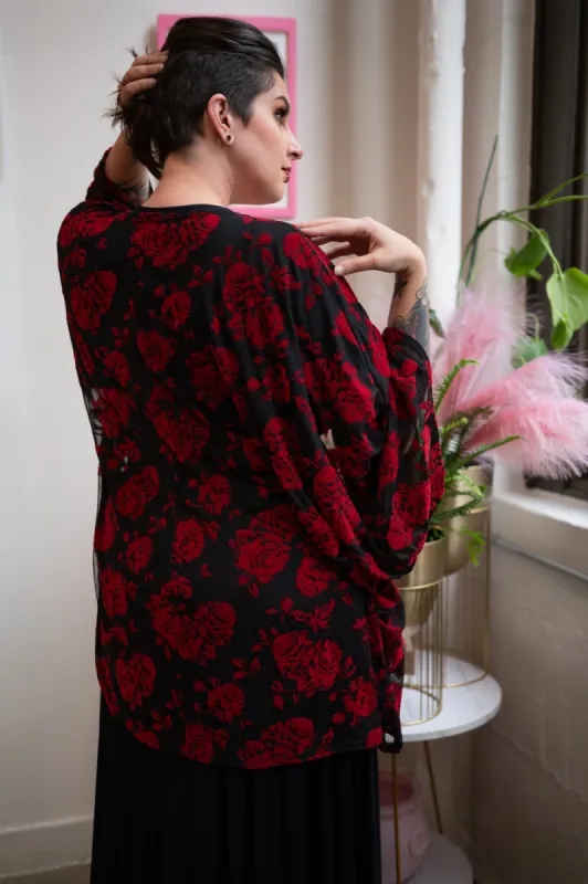 Red Rose Flocked Mesh Kimono sold by Wax Poetic