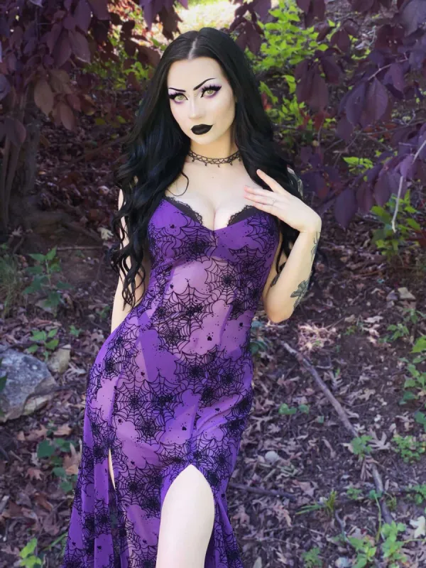 Lily Slip Dress in Purple Mesh Flocked Spiderwebs sold by Wax Poetic