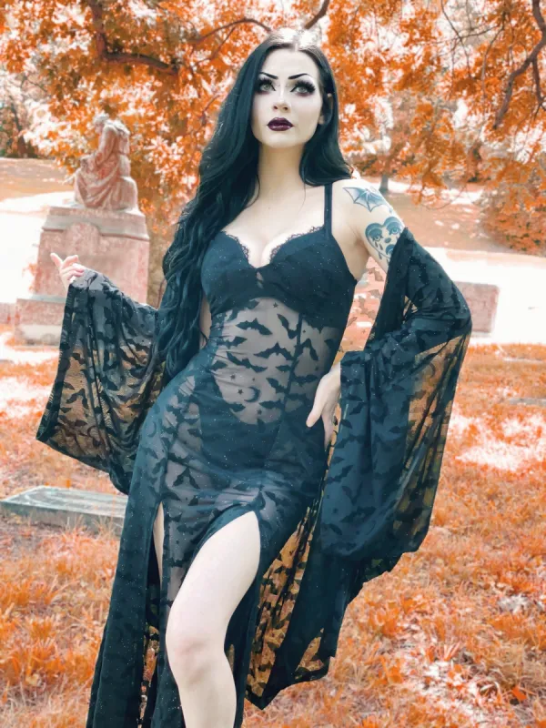 Black Queen of Halloween Flocked Sparkle Mesh Kimono sold by Wax Poetic