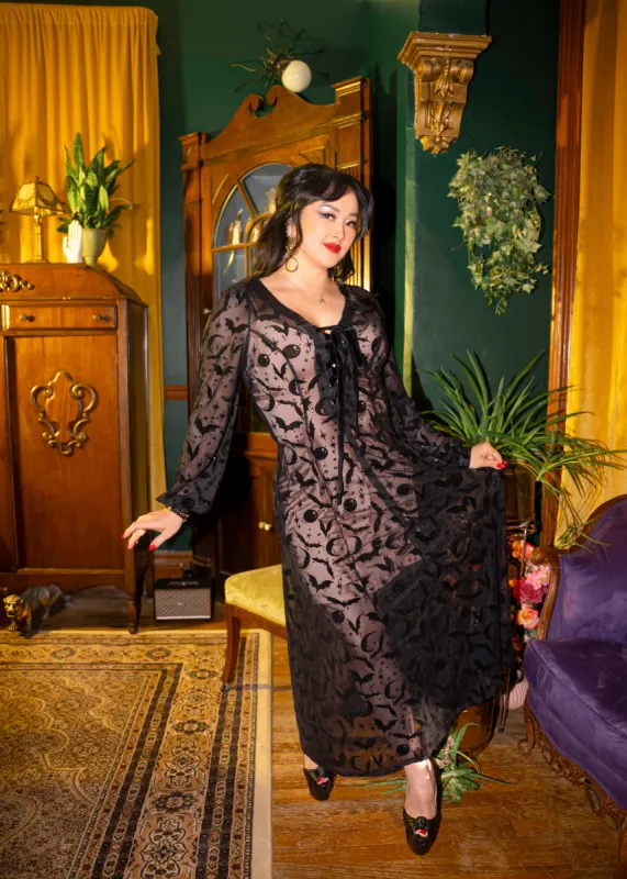 Black Penny Maxi dress with in Queen of Halloween Sparkle Flocked Mesh sold by Wax Poetic