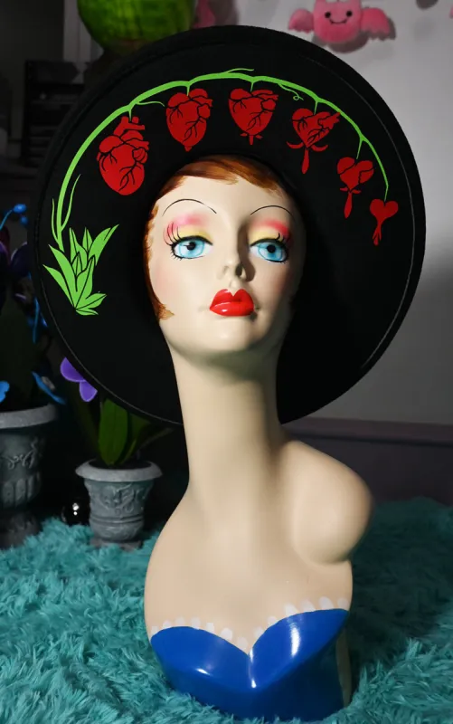 Bleeding Hearts Floral XL Vegan Felt Wide Brim Hat from Witchwood Bags sold by Wax Poetic