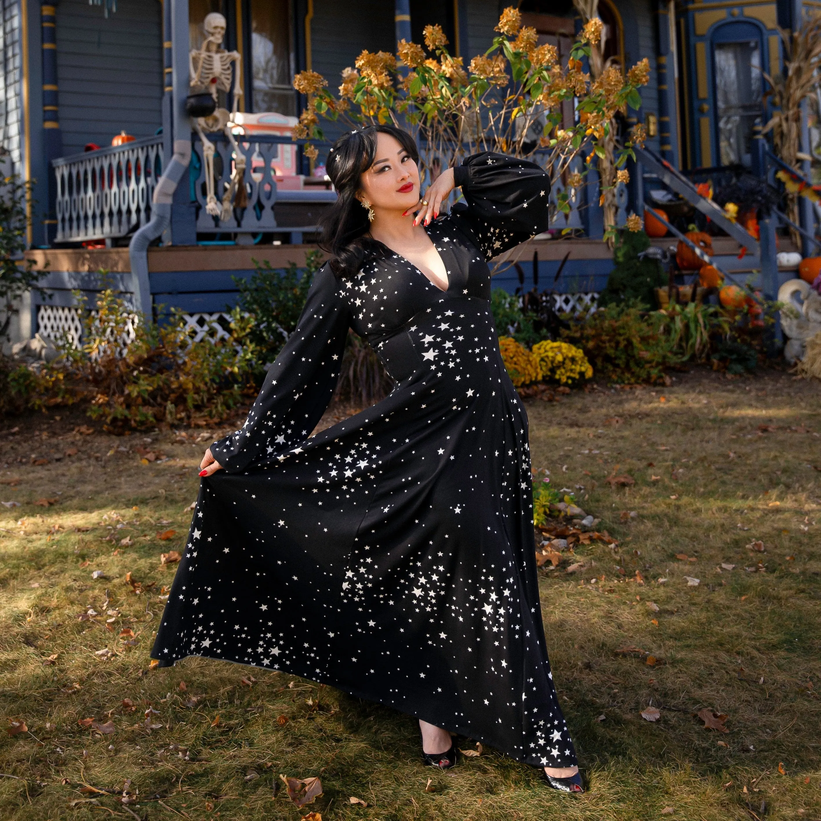 Raquel Maxi Dress with Bishop Sleeves in Star Clusters sold by Wax Poetic