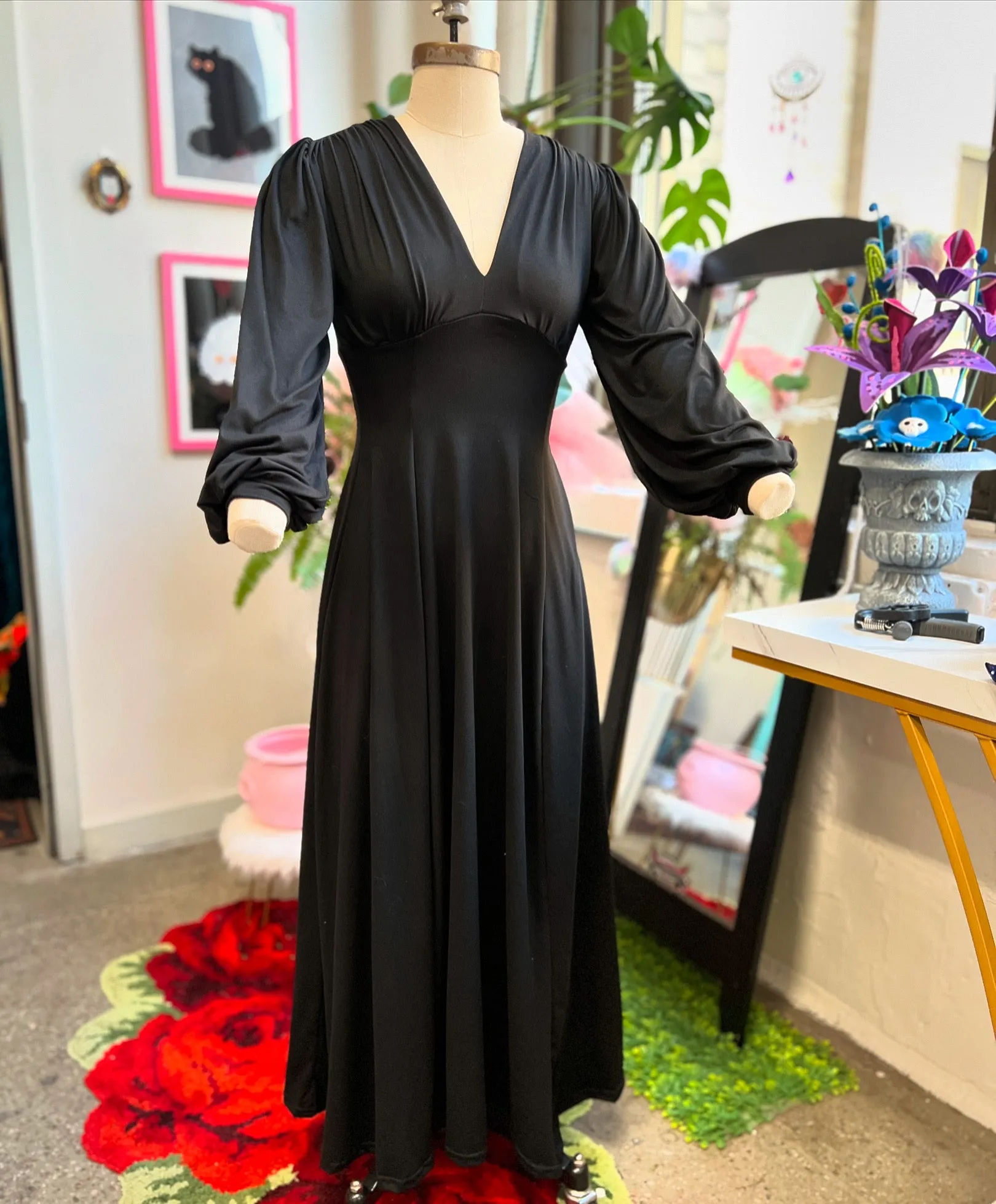 Raquel Maxi Dress with Bishop Sleeves in Jet Black sold by Wax Poetic