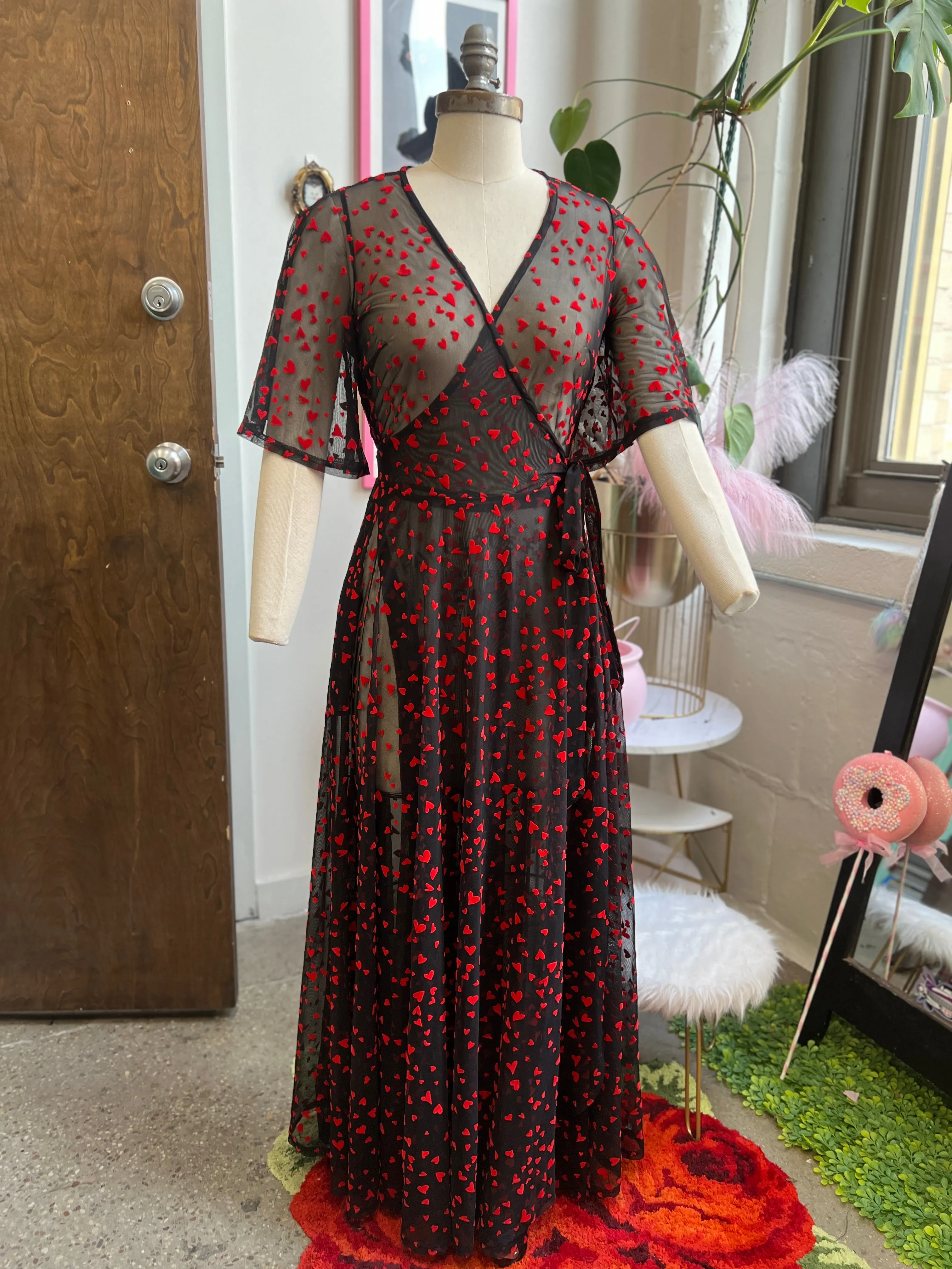 Lydia Wrap Dress in Black Queen of Hearts flocked mesh sold by Wax Poetic product image thumbnail 2