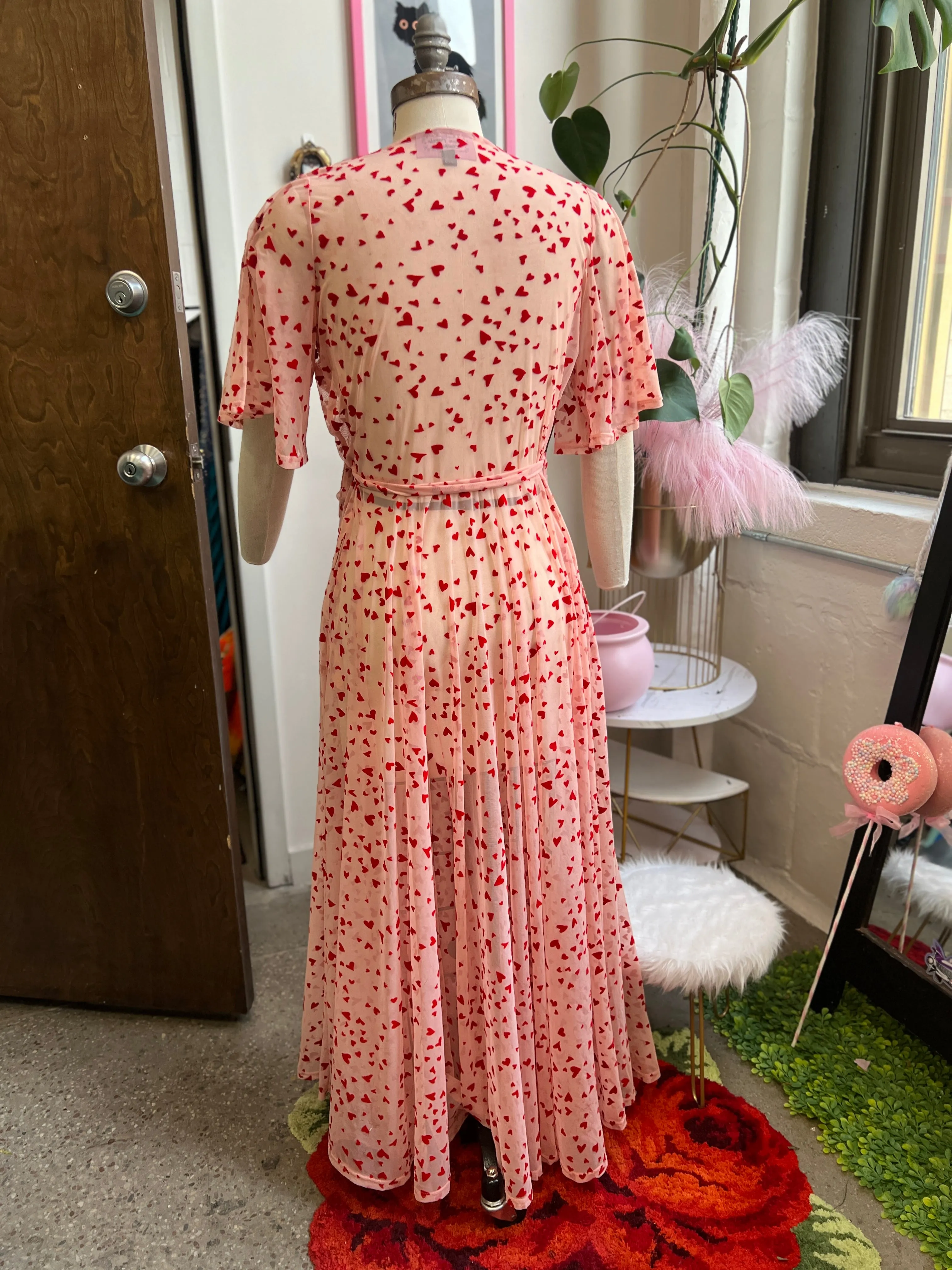 Lydia Wrap Dress in Pink Queen of Hearts flocked mesh sold by Wax Poetic product image thumbnail 5