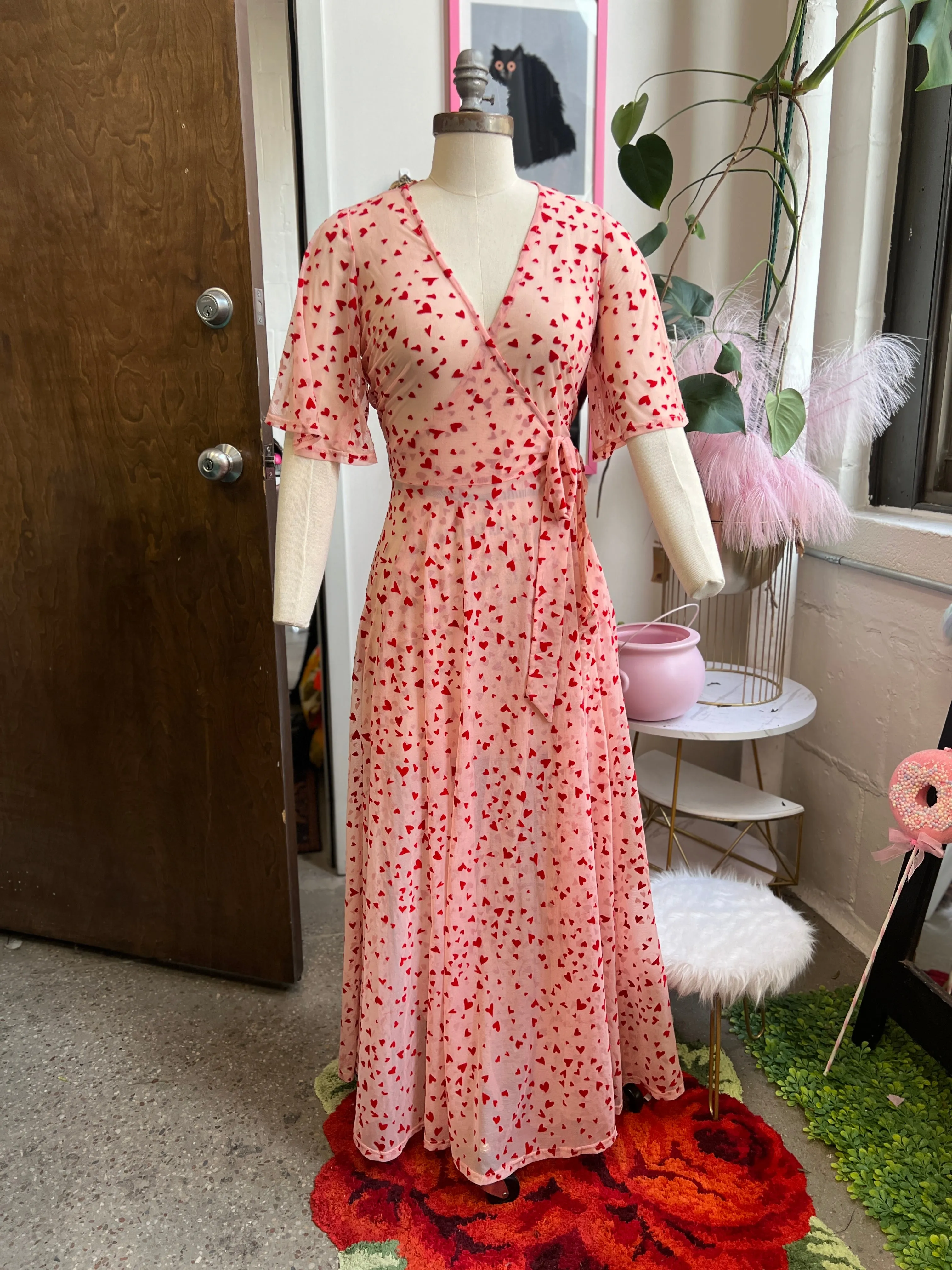 Lydia Wrap Dress in Pink Queen of Hearts flocked mesh sold by Wax Poetic product image thumbnail 3
