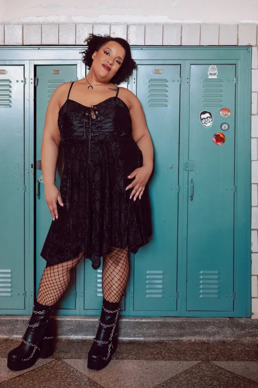 Willow Mini Dress in Black Spiderweb sold by Wax Poetic