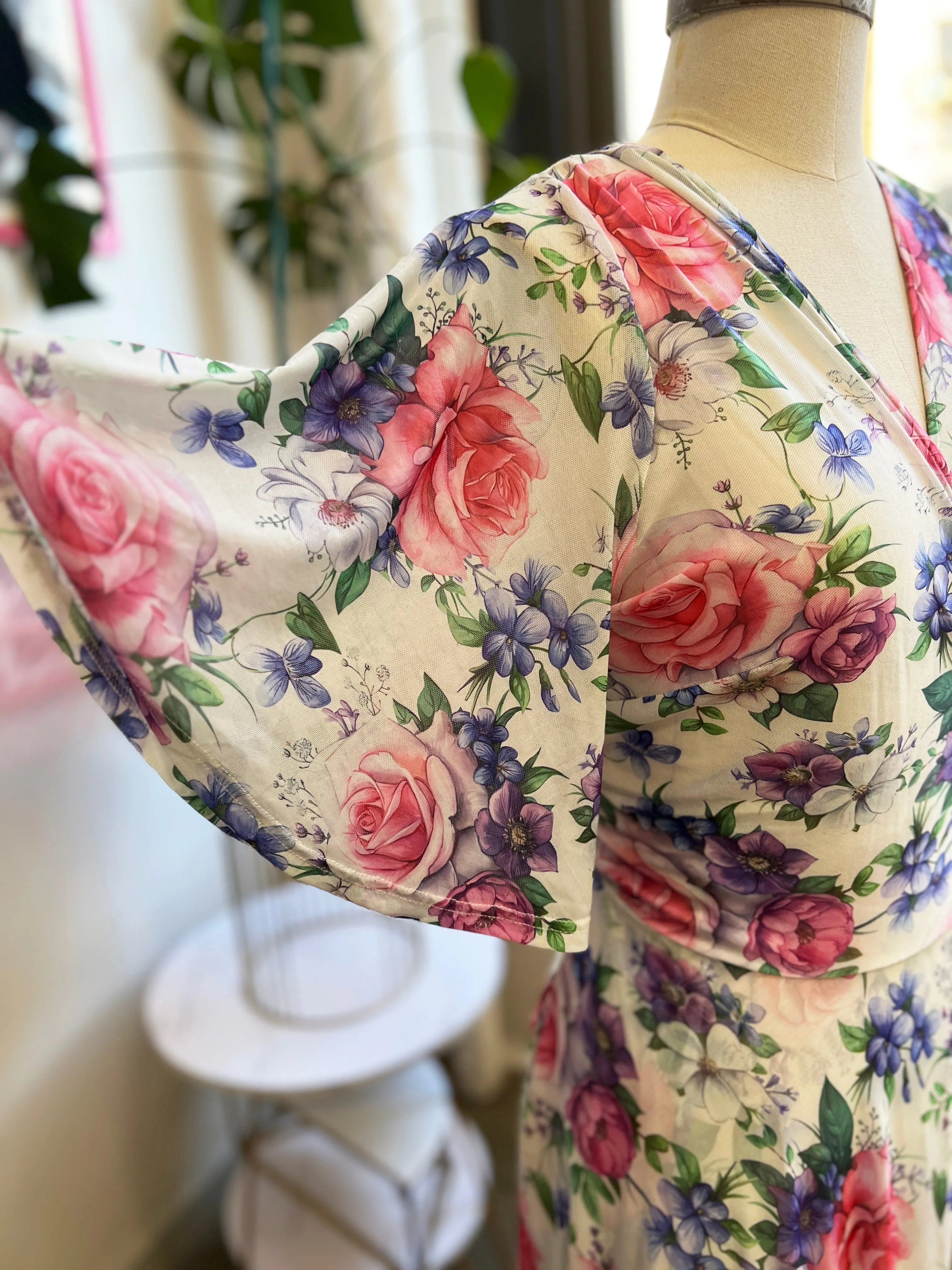 Lydia Wrap Dress in Pink Rose Bouquet Mesh sold by Wax Poetic product image thumbnail 3