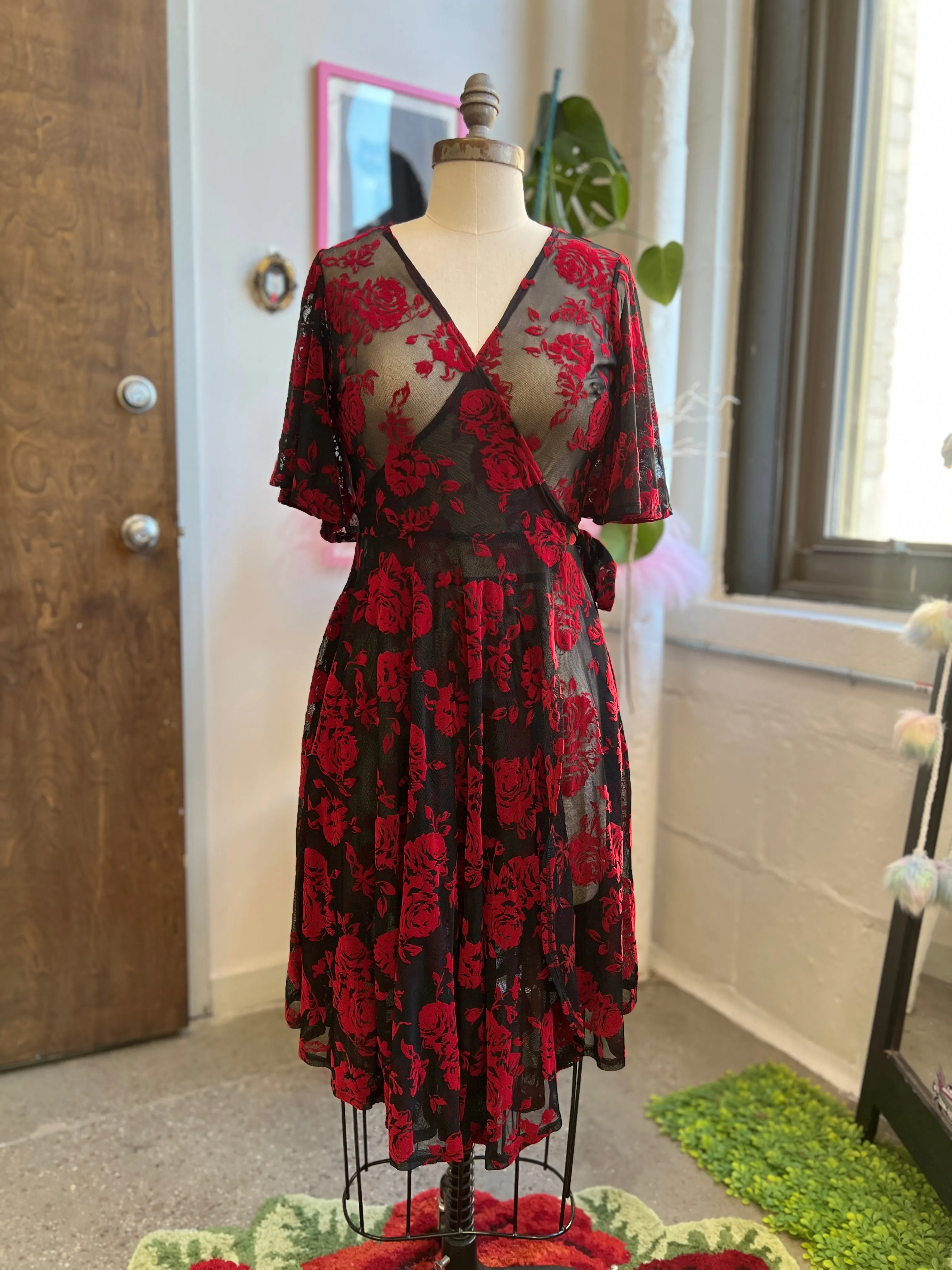 Aurora Wrap Dress in Flocked Red Roses sold by Wax Poetic product image thumbnail 3