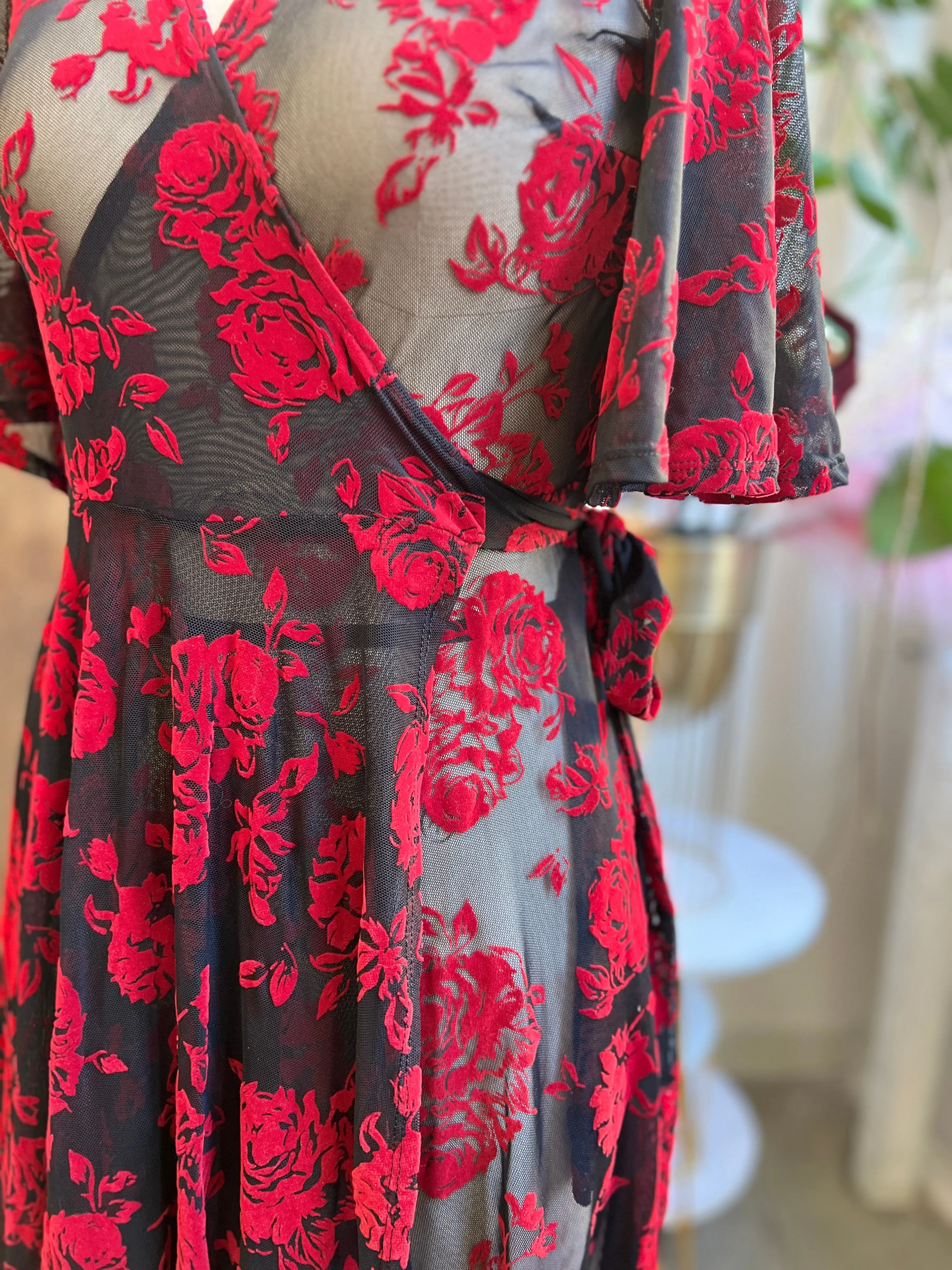 Aurora Wrap Dress in Flocked Red Roses sold by Wax Poetic product image thumbnail 2