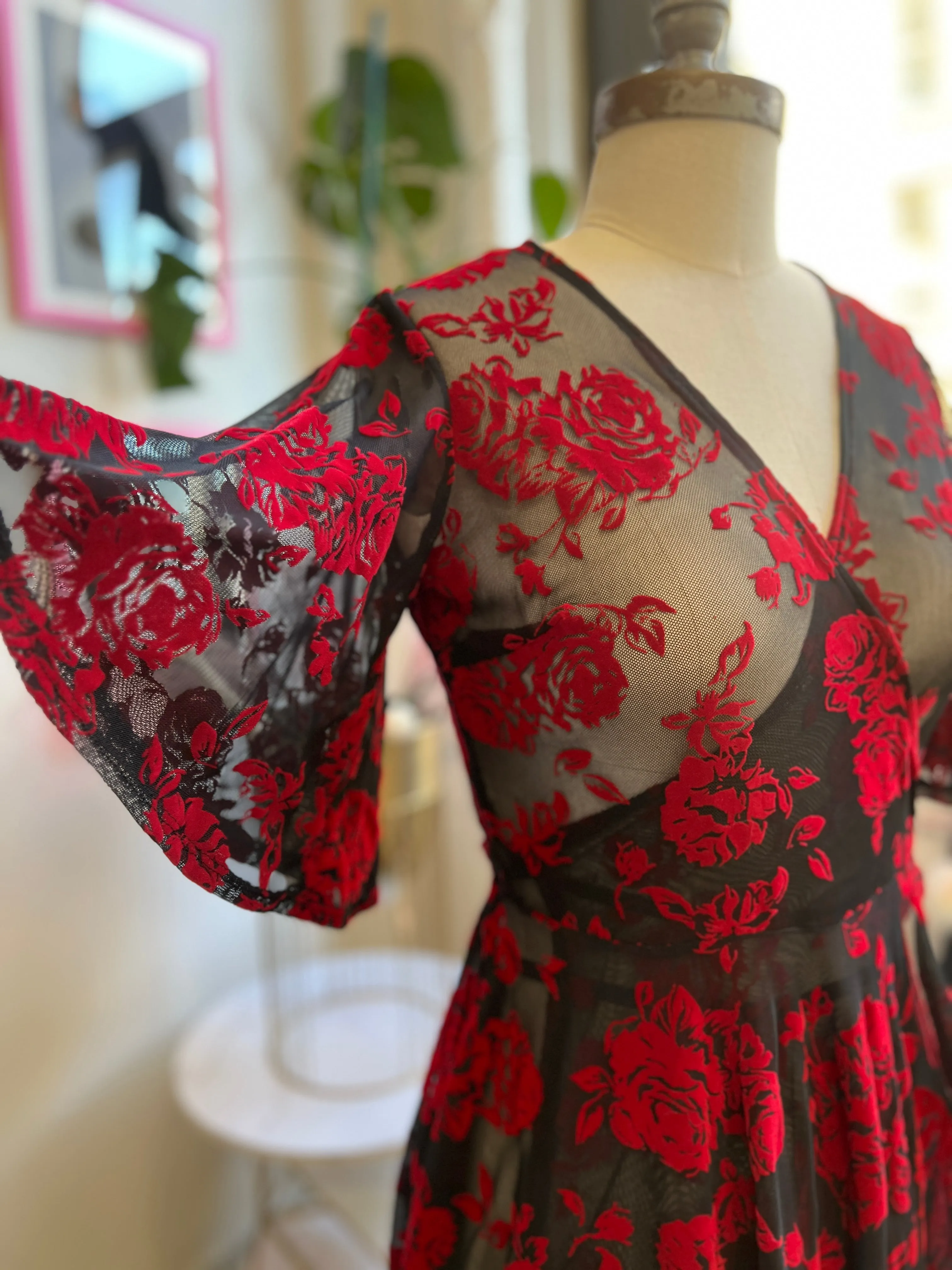 Aurora Wrap Dress in Flocked Red Roses sold by Wax Poetic