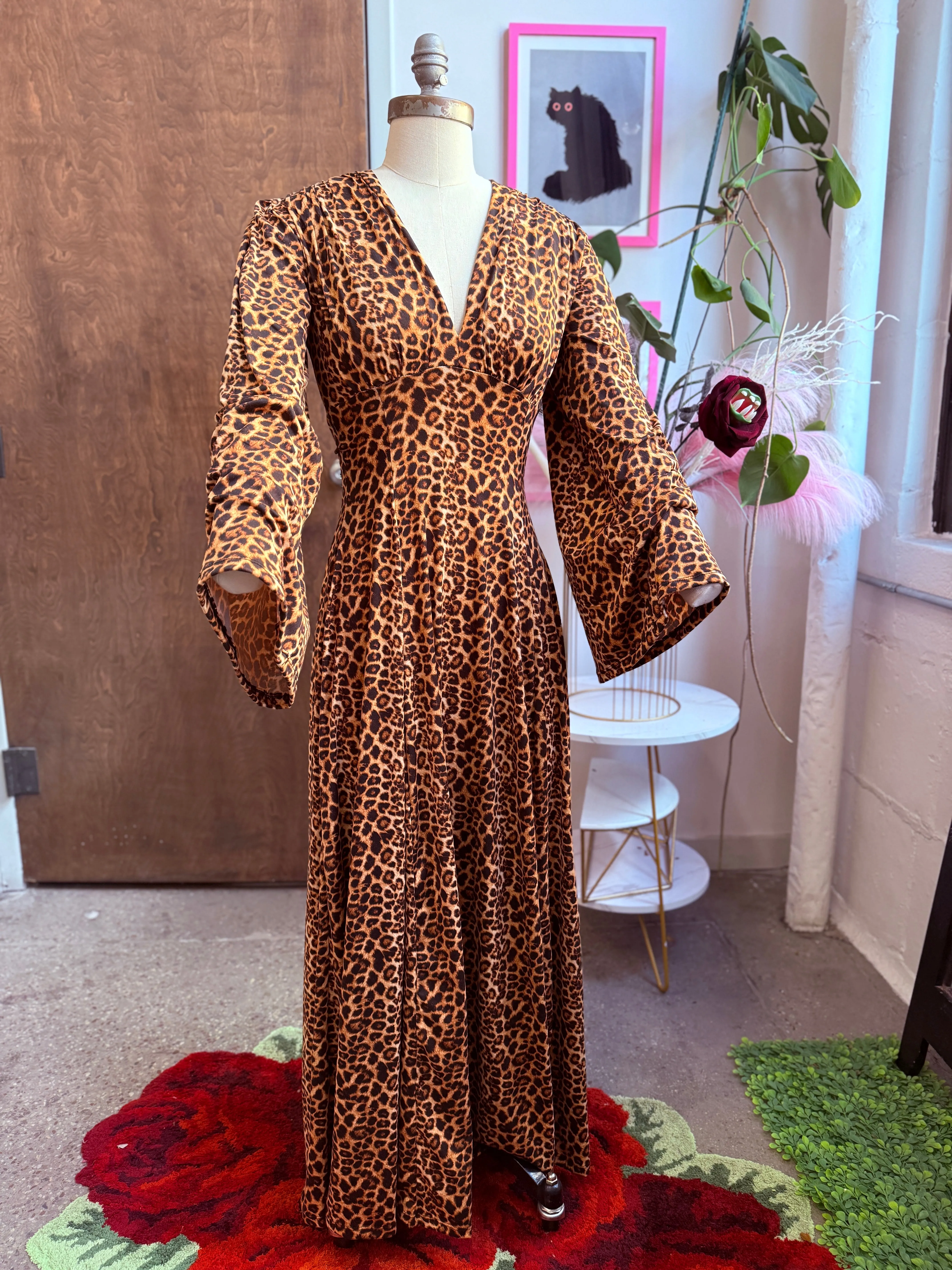 Raquel Maxi Dress with Bell Sleeves in Leopard Print Knit sold by Wax Poetic