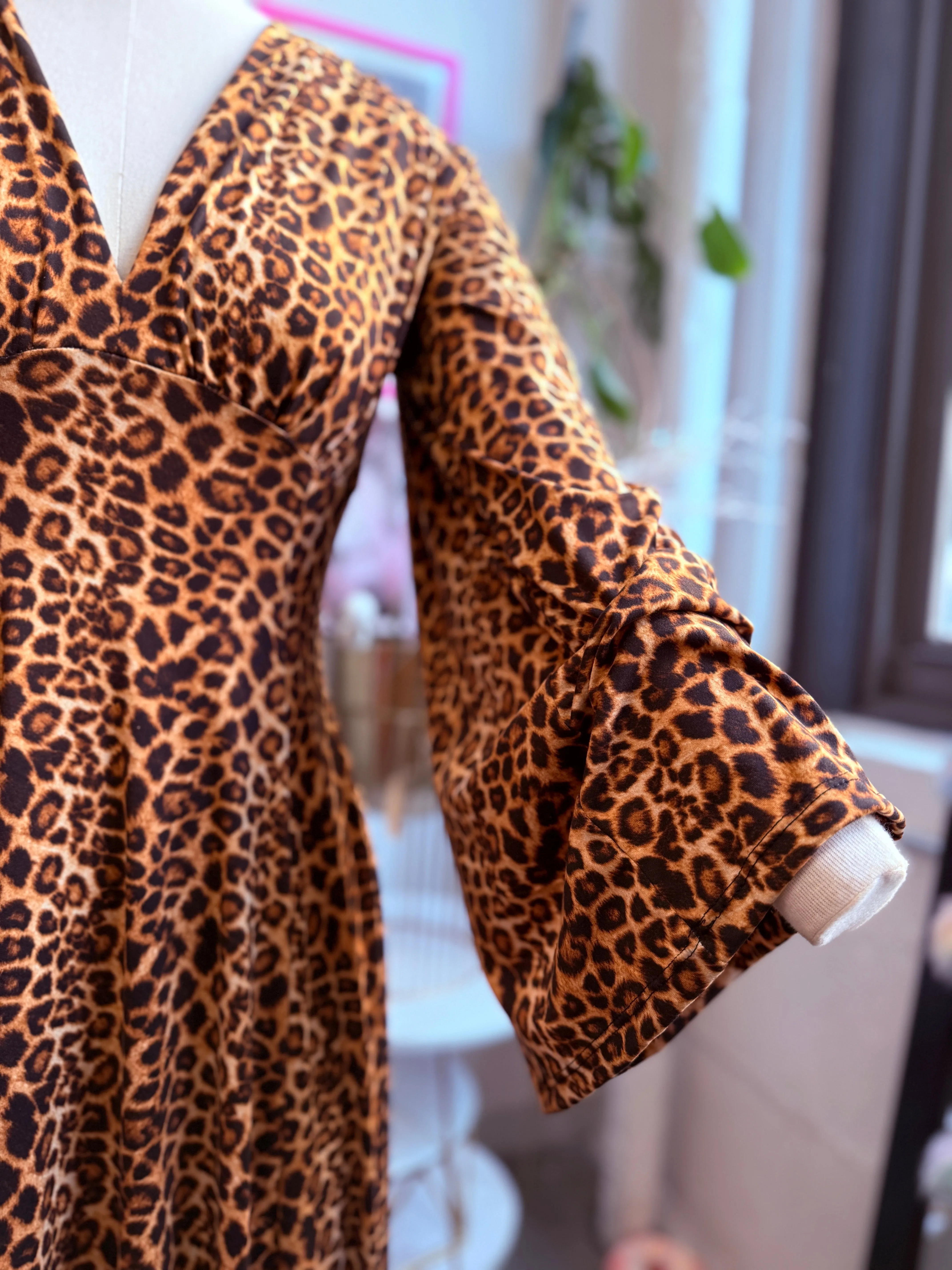 Raquel Maxi Dress with Bell Sleeves in Leopard Print Knit sold by Wax Poetic product image thumbnail 3