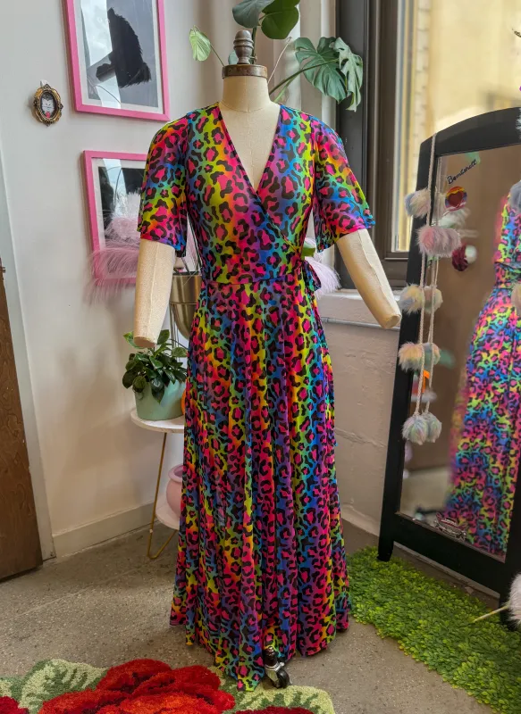 Lydia Wrap Dress in Rainbow Leopard Mesh sold by Wax Poetic