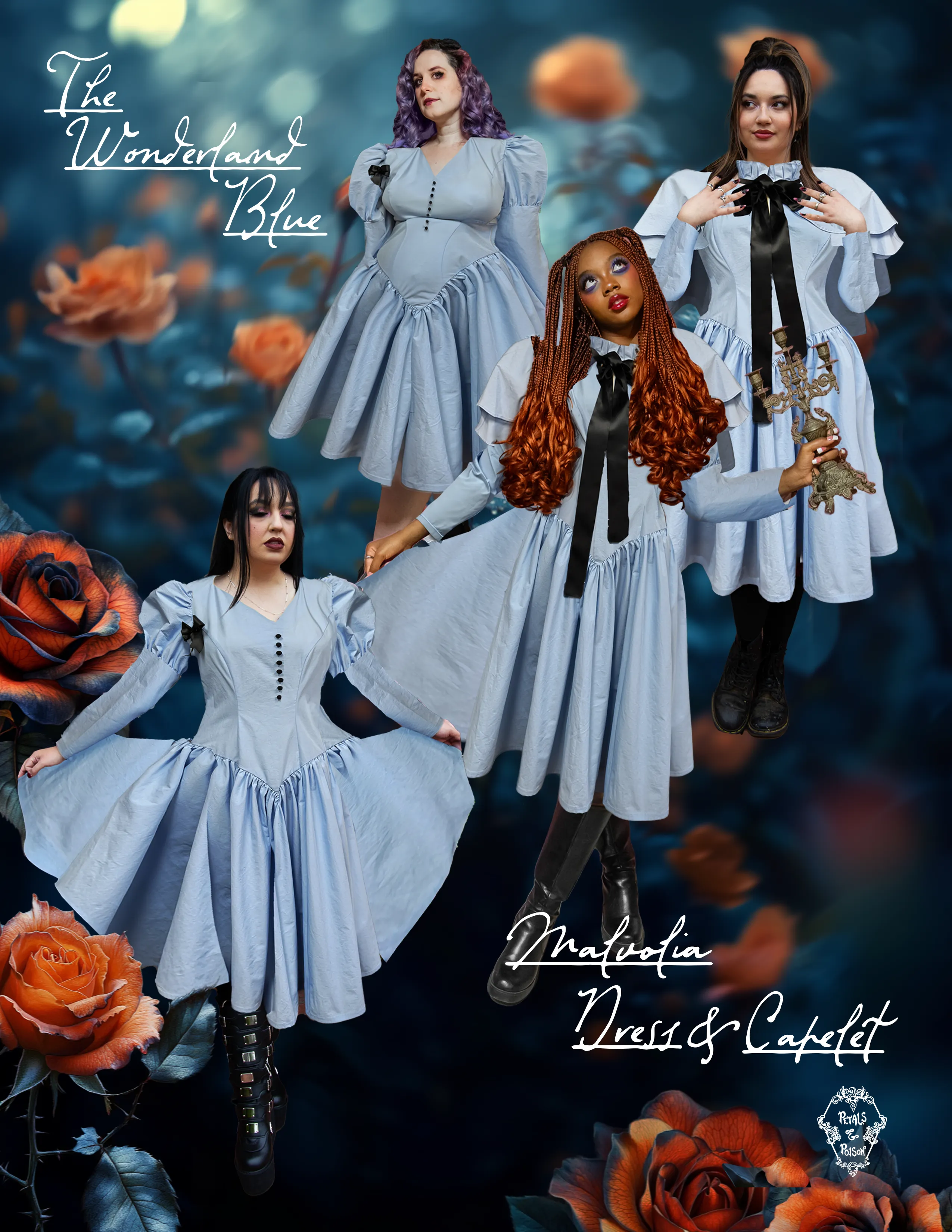 The "Malvolia" Dress in WONDERLAND BLUE by Petals and Poison sold by Wax Poetic