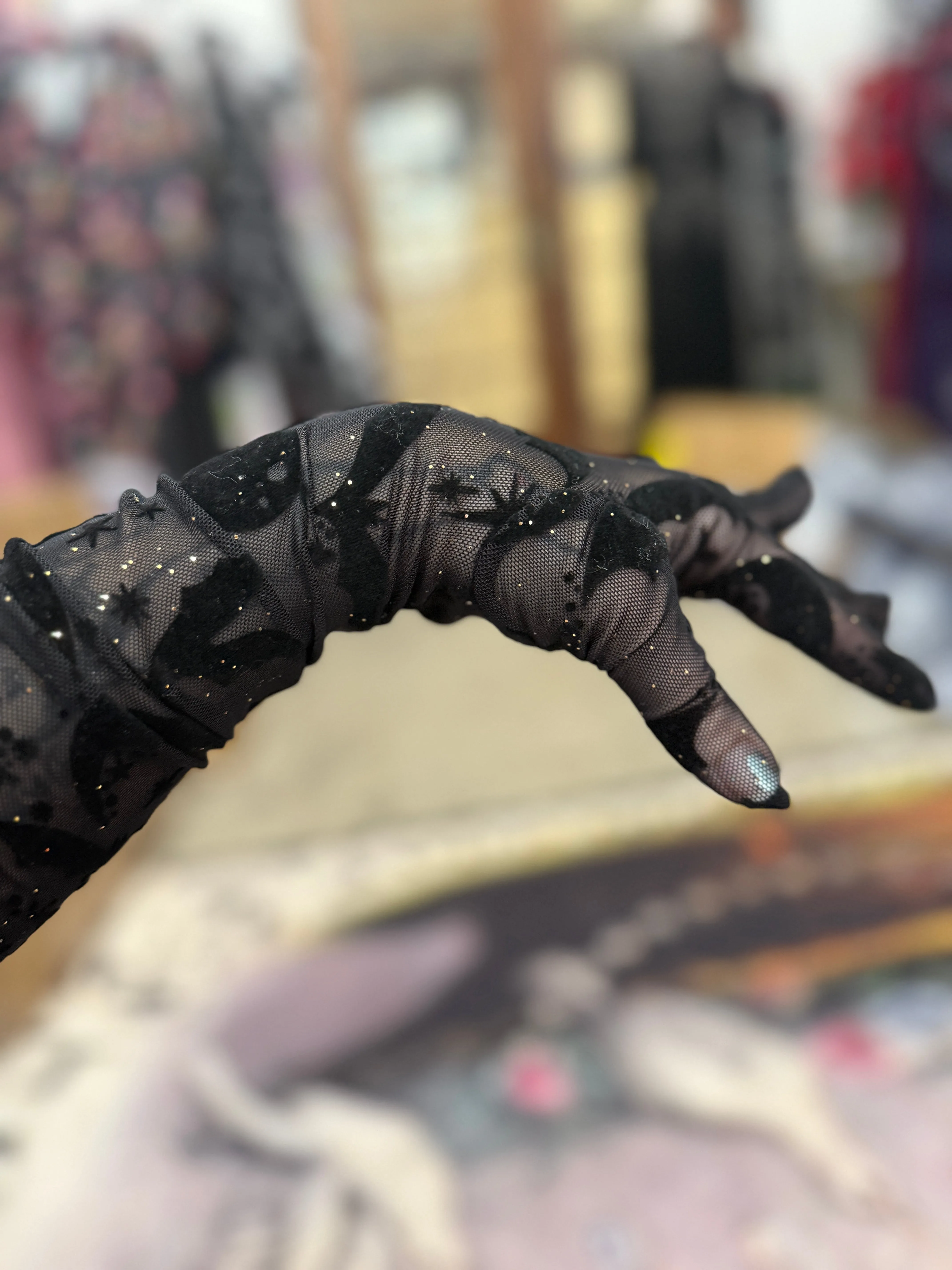 Queen of Halloween Flocked Mesh Gloves sold by Wax Poetic product image thumbnail 2