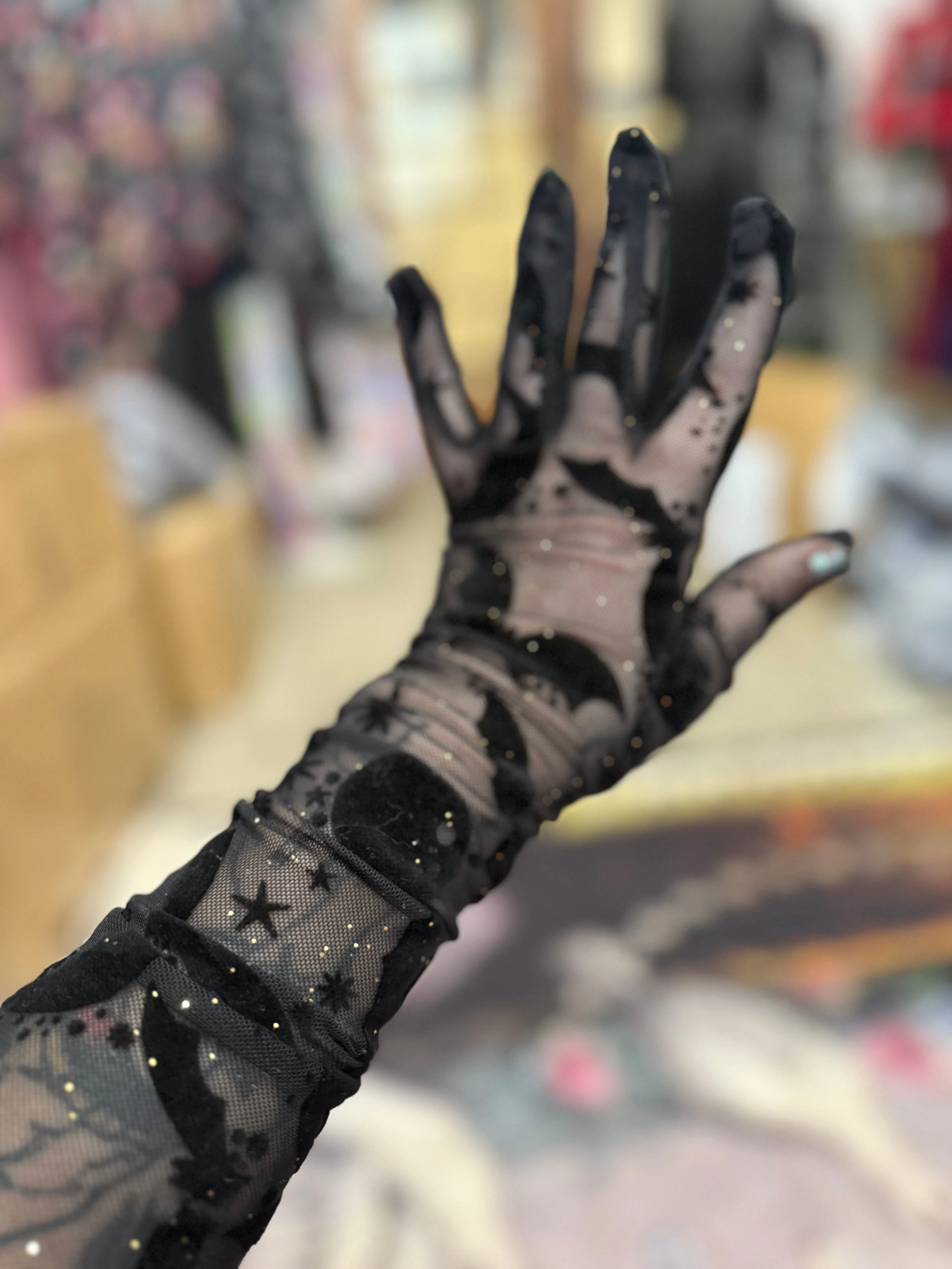 Queen of Halloween Flocked Mesh Gloves sold by Wax Poetic product image thumbnail 4