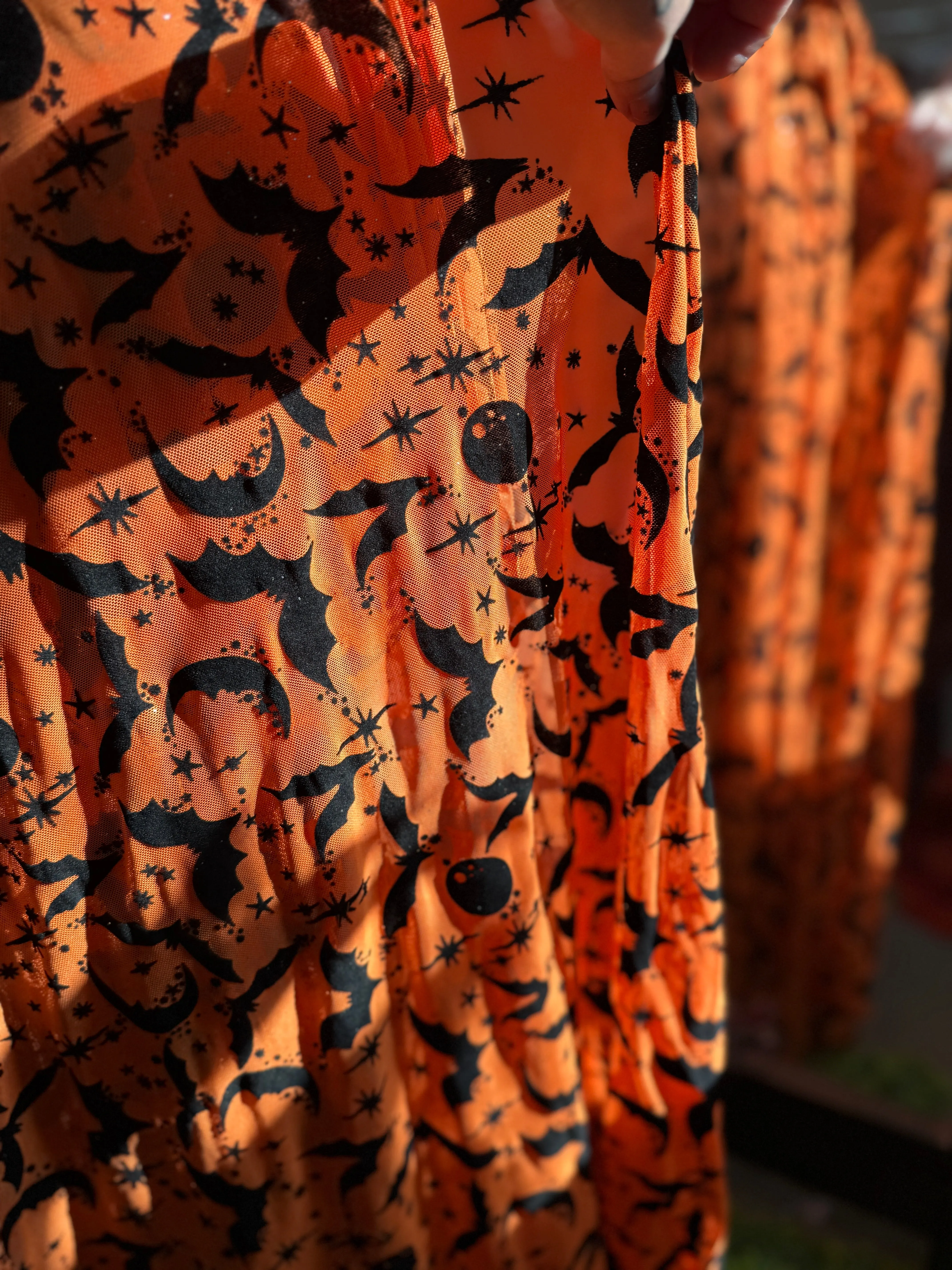 Lydia Wrap Dress in Queen of Halloween Orange Flocked Mesh sold by Wax Poetic product image thumbnail 2