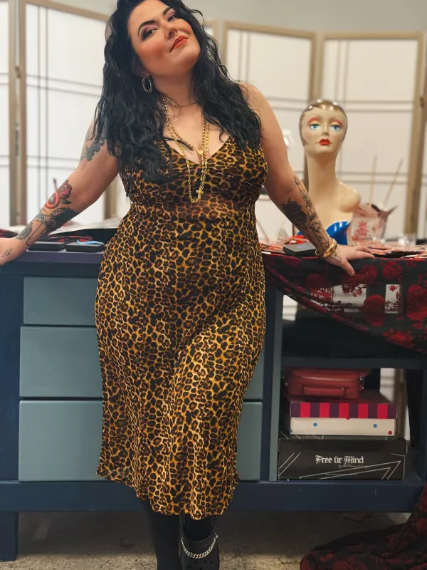 Lydia Midi Slip Dress in Leopard Mesh sold by Wax Poetic