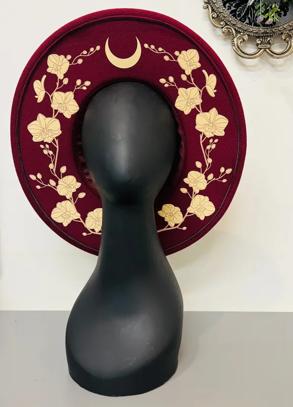 Vegan Felt Wide Brim Hat - XL Brim - Wine Red - Orchids by Witchwood Bags sold by Wax Poetic