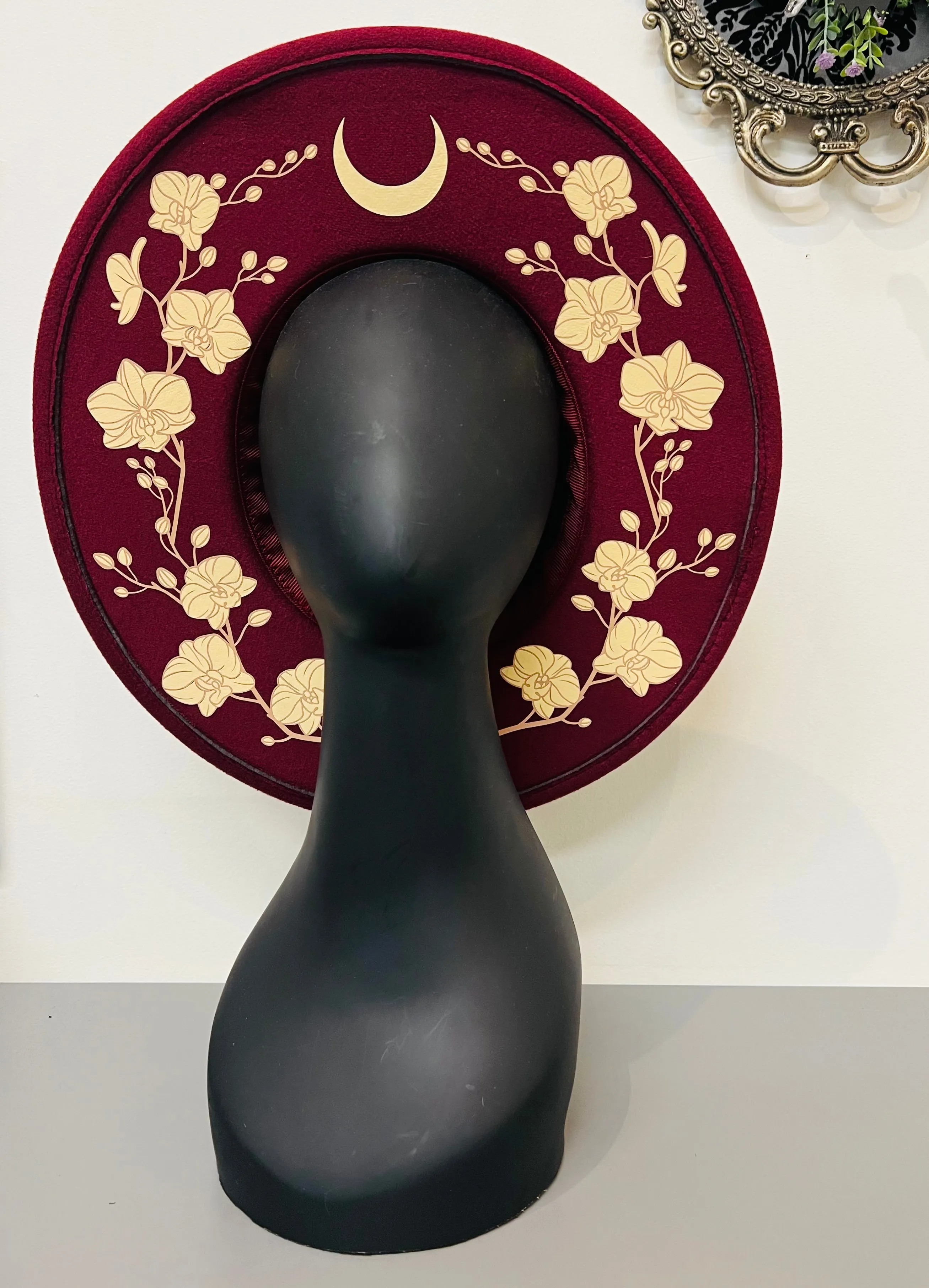 Vegan Felt Wide Brim Hat - XL Brim - Wine Red - Orchids by Witchwood Bags sold by Wax Poetic