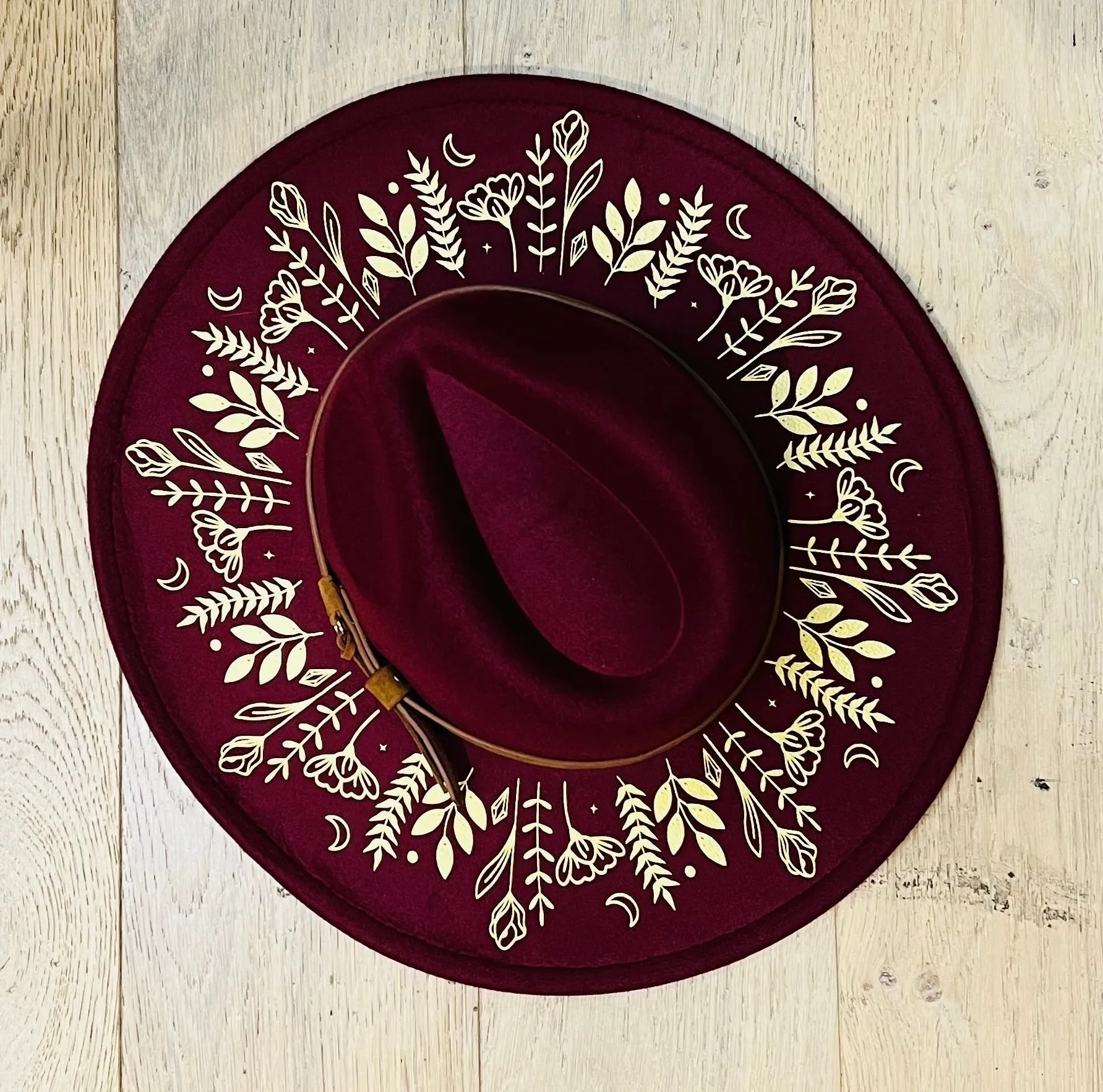 Vegan Felt Wide Brim Hat - XL Brim - Wine Red - botanicals by Witchwood Bags sold by Wax Poetic