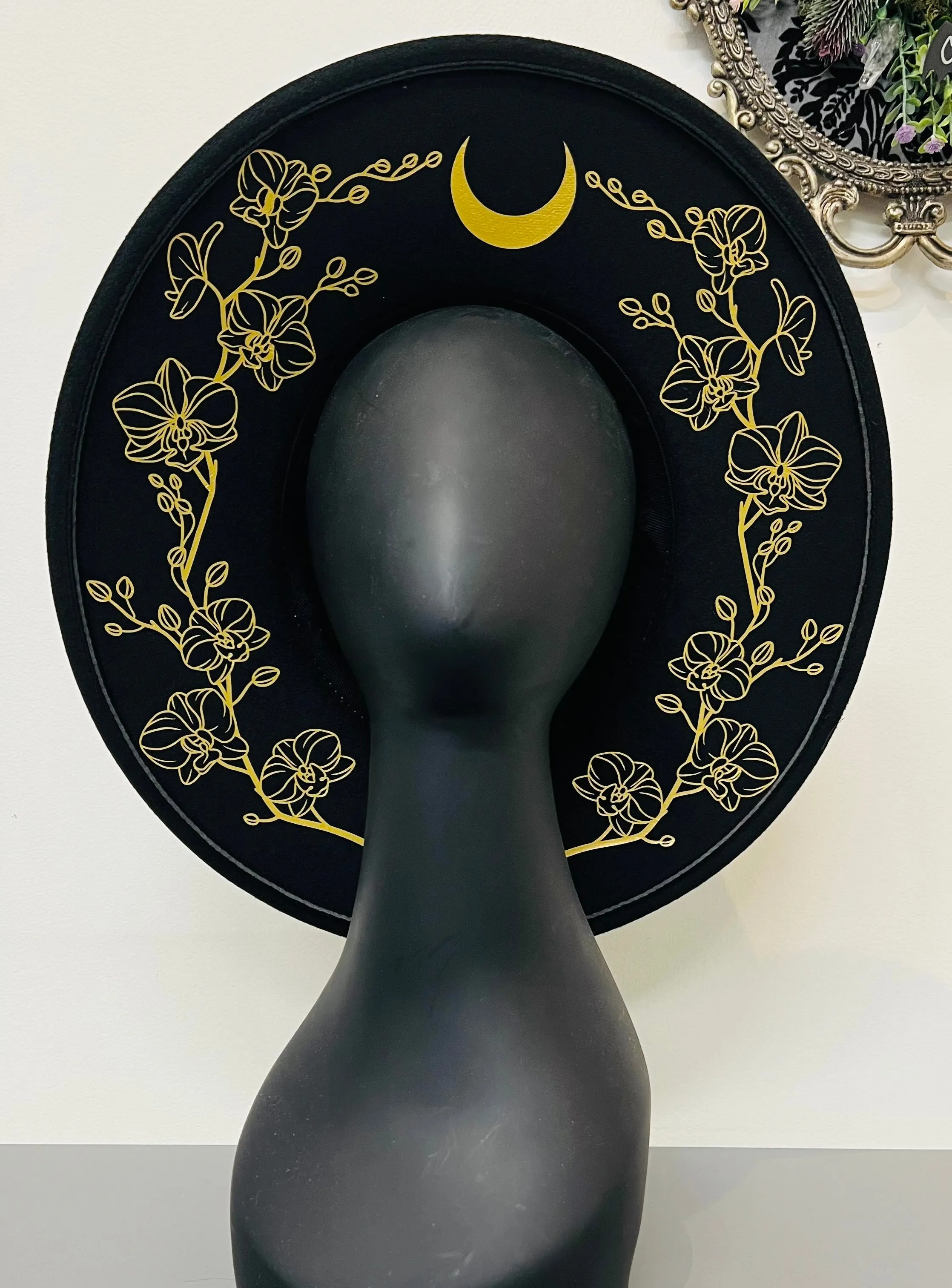 Vegan Felt Wide Brim Hat - XL Brim - Gold or Silver Orchids Outline by Witchwood Bags sold by Wax Poetic