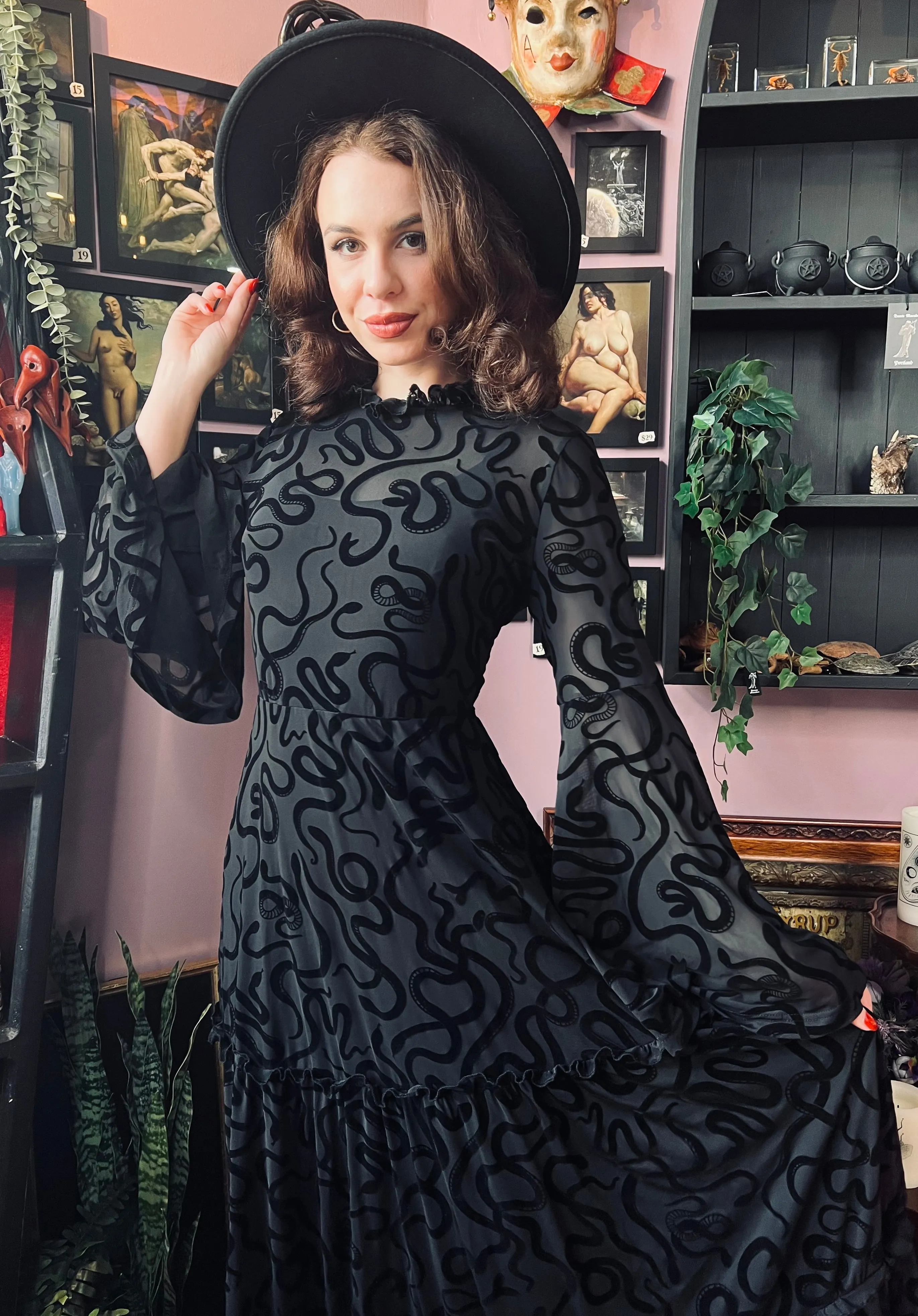 Sloane - Velvet Flocked Snake Maxi Dress with Bell Sleeves - by Witchwood Bags sold by Wax Poetic product image thumbnail 3