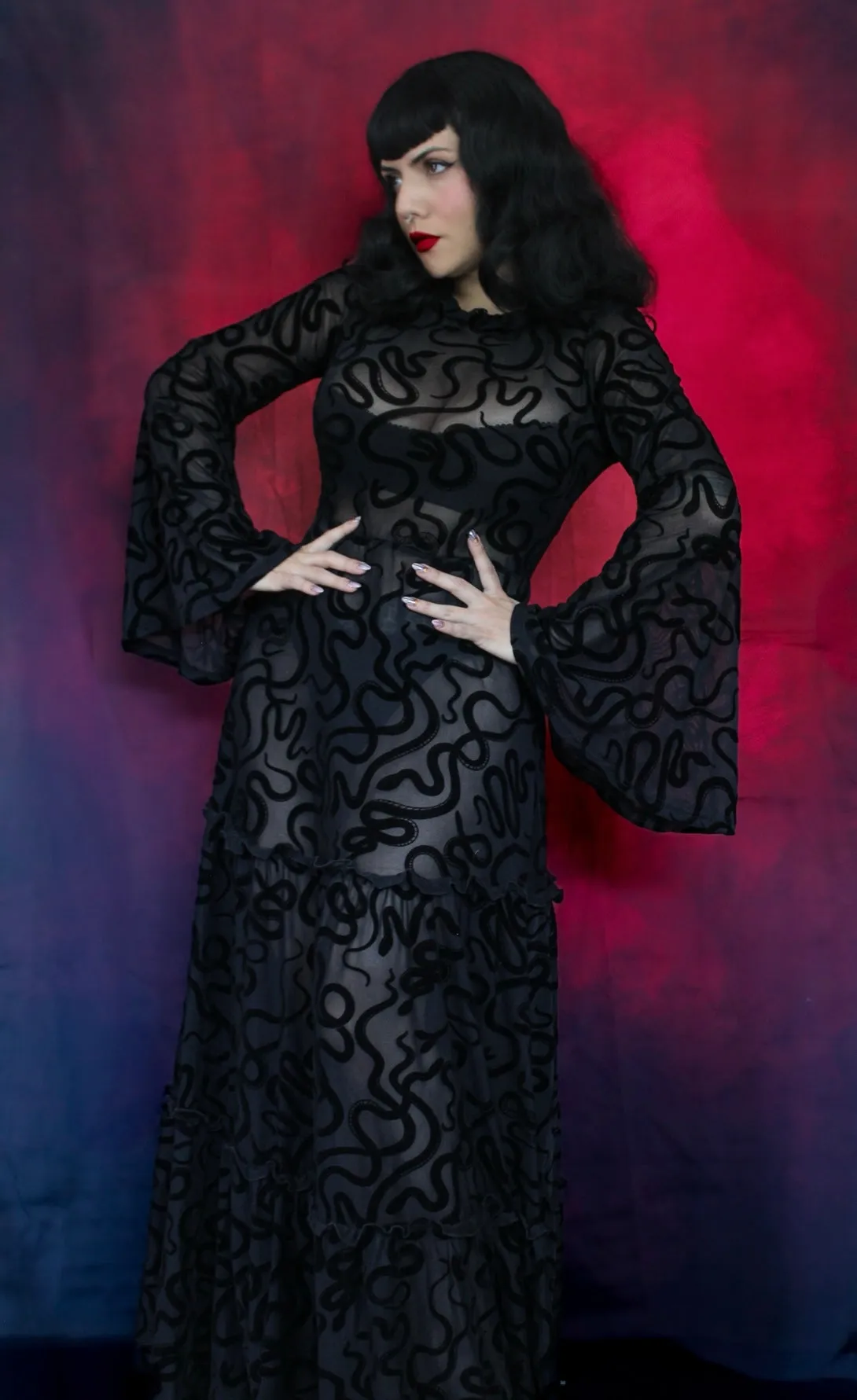 Sloane - Velvet Flocked Snake Maxi Dress with Bell Sleeves - by Witchwood Bags sold by Wax Poetic