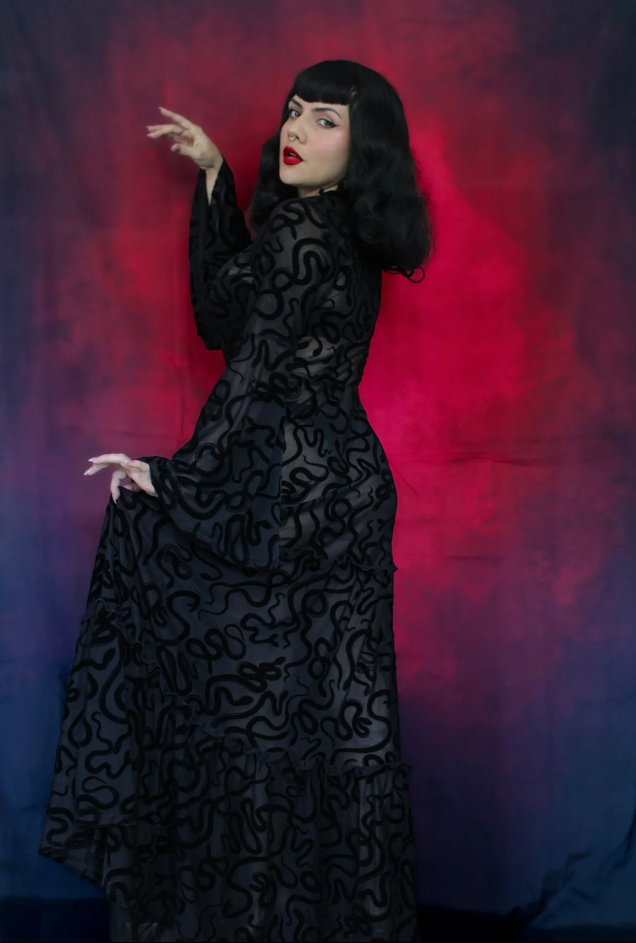 Sloane - Velvet Flocked Snake Maxi Dress with Bell Sleeves - by Witchwood Bags sold by Wax Poetic product image thumbnail 5