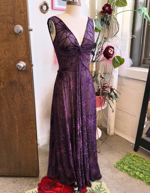 *Pre Order* Siren Dress in Violet Spiderweb Burnout Mesh sold by Wax Poetic