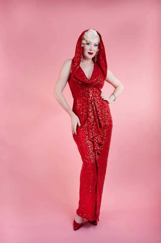 Cairo Sunset Hooded Dress Red Sequin by Elle Rebel sold by Wax Poetic