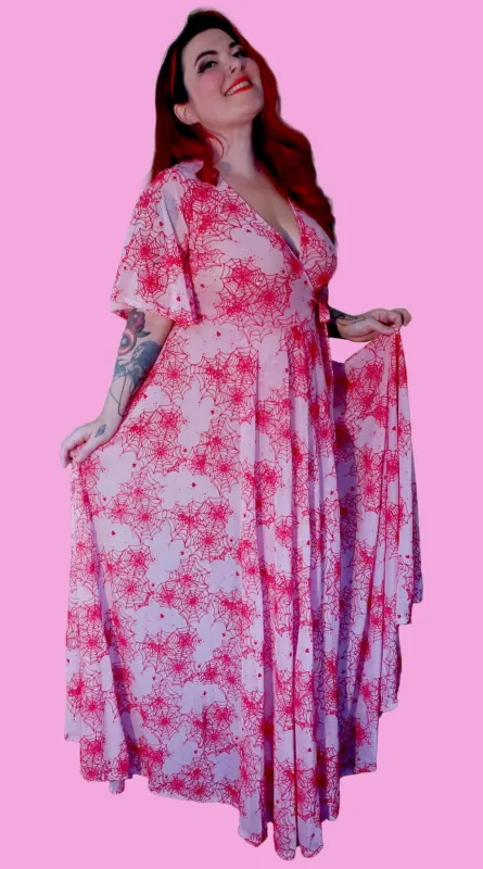 *Pre Order* Pink Mesh Lydia wrap dress in Red Flocked Spiderwebs sold by Wax Poetic