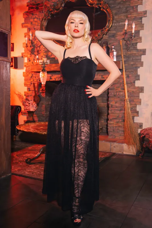 Weasel Wear The Sorceress Lace Romper – Gothic Lace Maxi Romper with Pockets (Spellbound Edition) sold by Wax Poetic