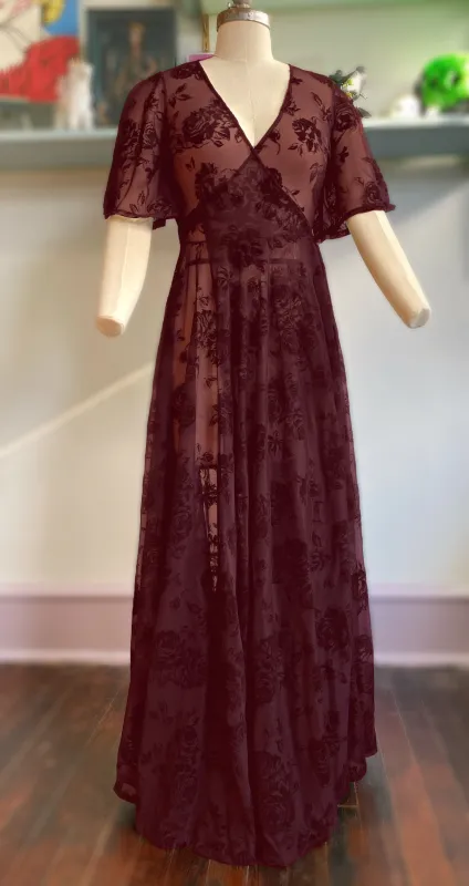 Lydia Wrap Dress in Flocked Rose Burgundy Mesh made by Wax Poetic