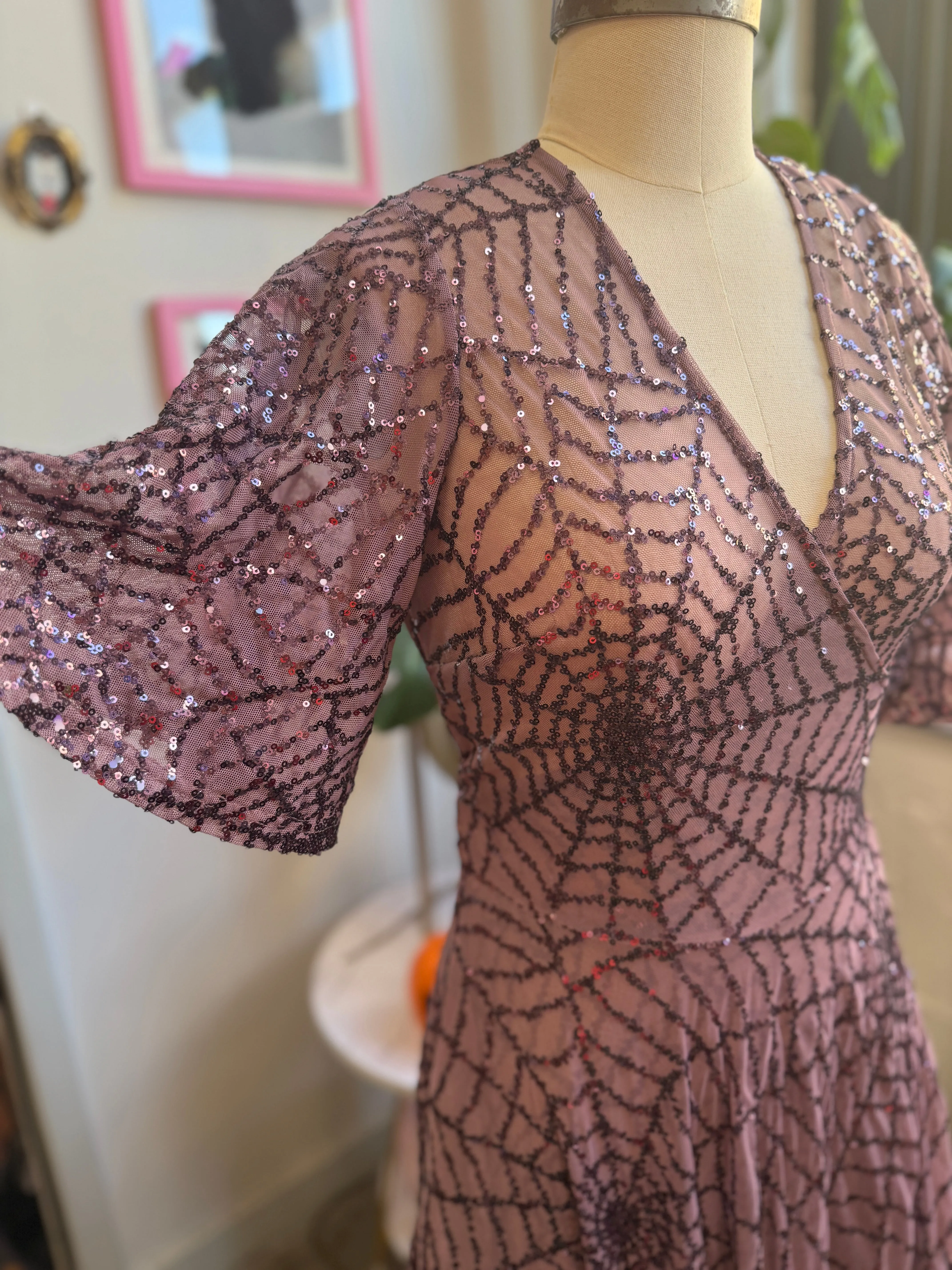 *PRE ORDER* Lydia Dress in Mauve Sequin Spiderwebs sold by Wax Poetic