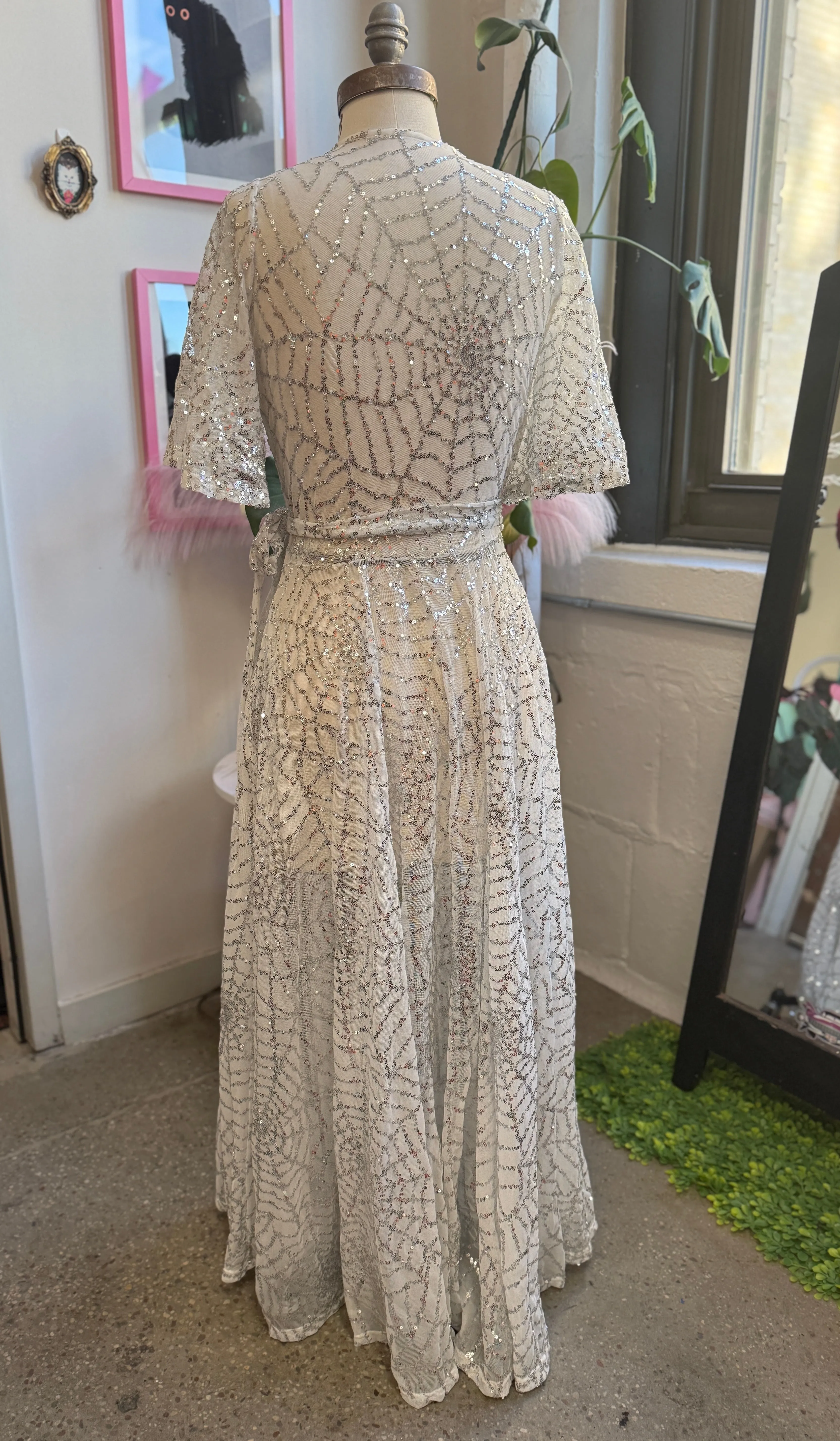 *PRE ORDER* Lydia Wrap Dress in White and Silver Sequin Spiderwebs sold by Wax Poetic product image thumbnail 3