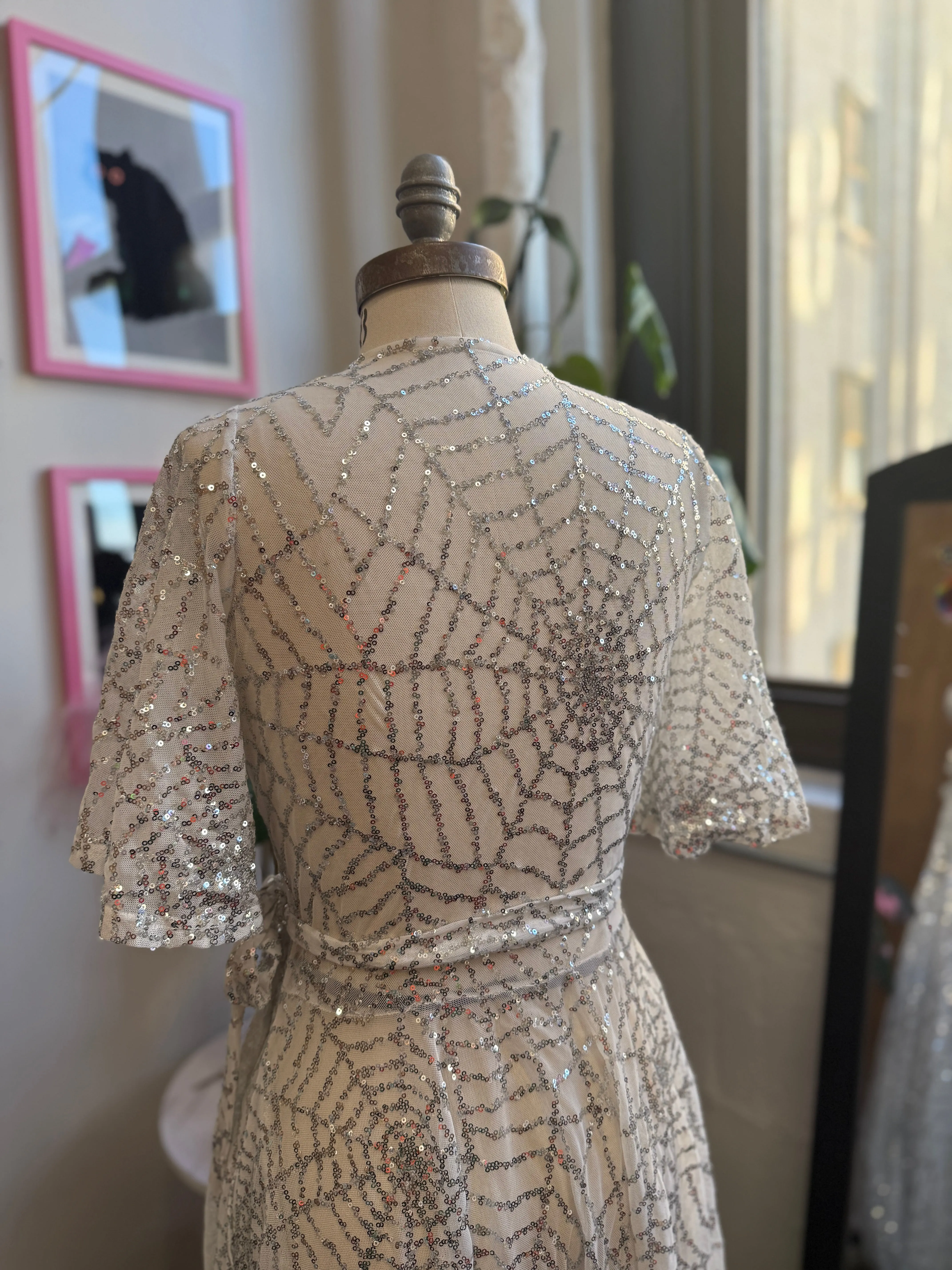 *PRE ORDER* Lydia Wrap Dress in White and Silver Sequin Spiderwebs sold by Wax Poetic product image thumbnail 4