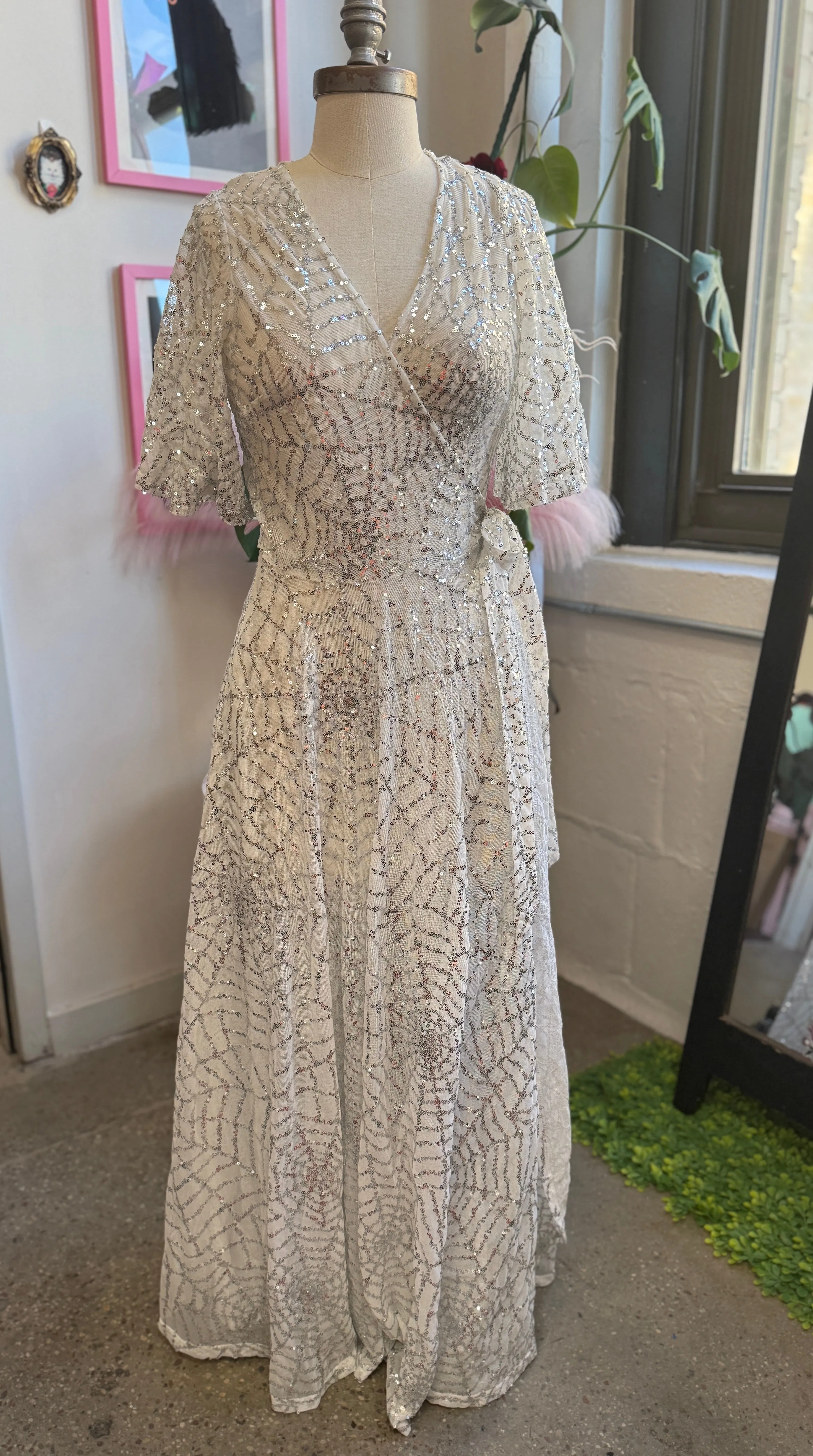 *PRE ORDER* Lydia Wrap Dress in White and Silver Sequin Spiderwebs sold by Wax Poetic