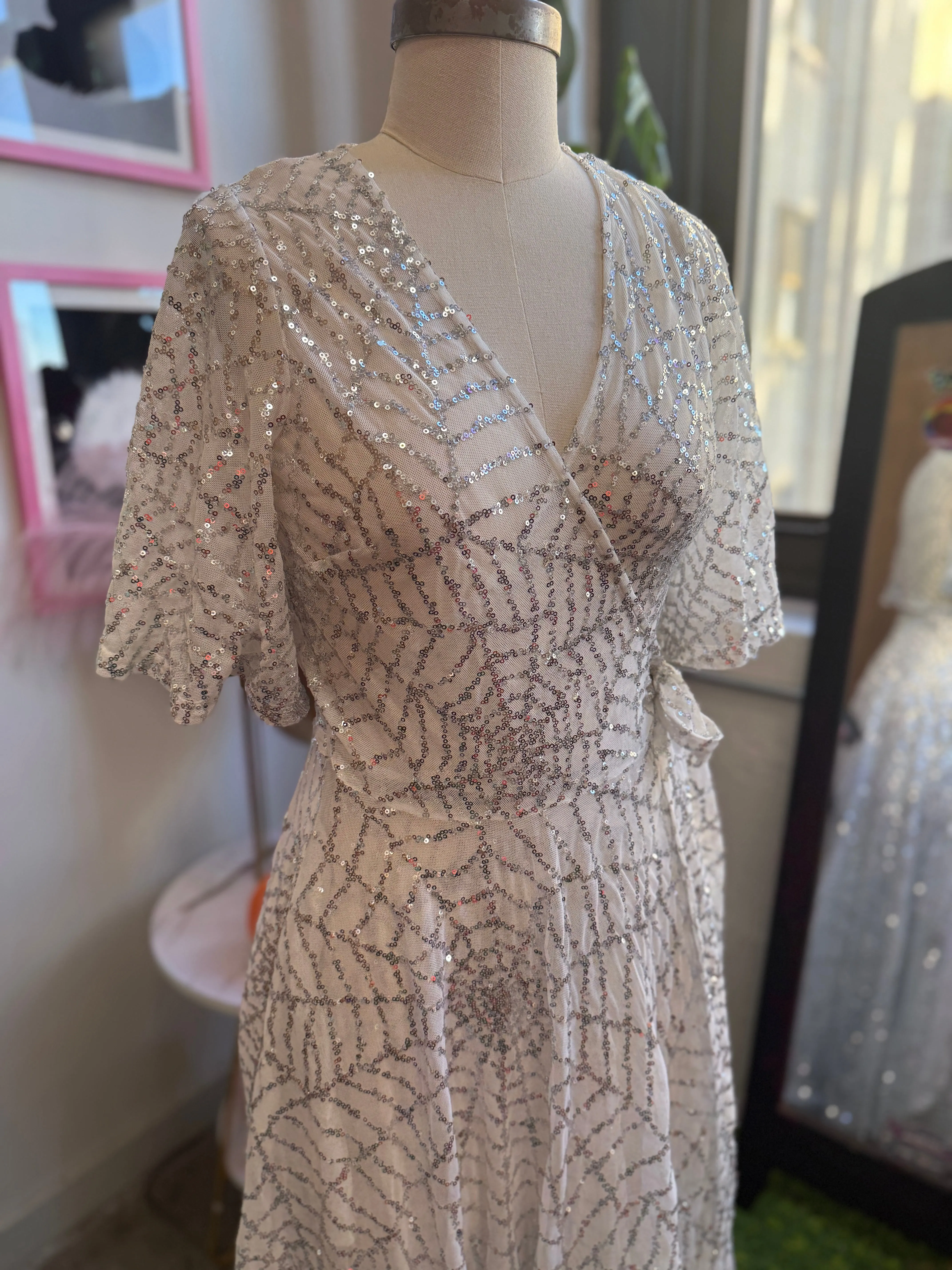 *PRE ORDER* Lydia Wrap Dress in White and Silver Sequin Spiderwebs sold by Wax Poetic product image thumbnail 2