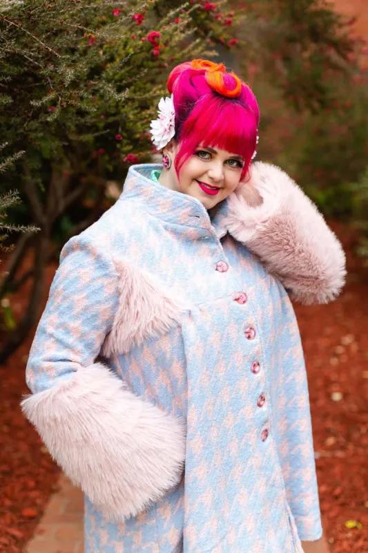 Marie Swing Coat in pink/blue Houndstooth sold by Wax Poetic