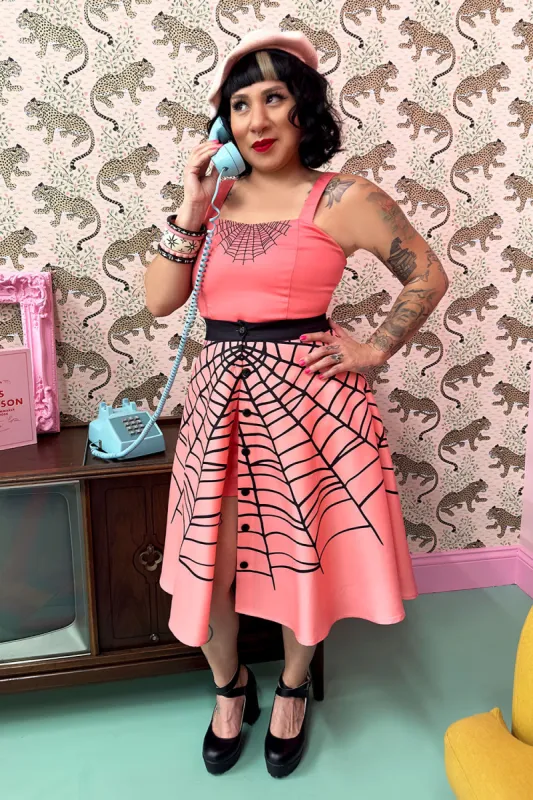 Glamour Ghoul Spiderweb Skirt in Coral Pink by The Oblong Box Shop sold by Wax Poetic