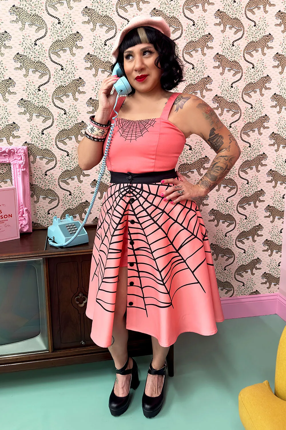 Glamour Ghoul Spiderweb Skirt in Coral Pink by The Oblong Box Shop sold by Wax Poetic