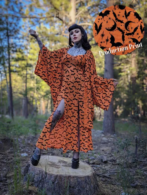 Orange Queen of Halloween Flocked Sparkle Mesh Kimono sold by Wax Poetic