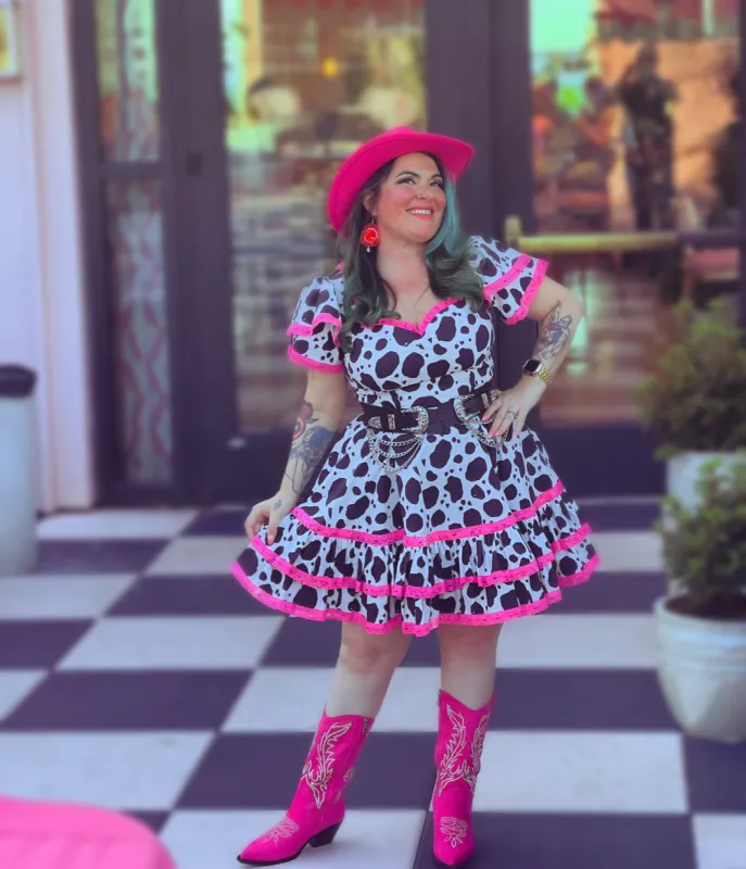 Adelaide Mini Swing dress in Bessie Moo print sold by Wax Poetic