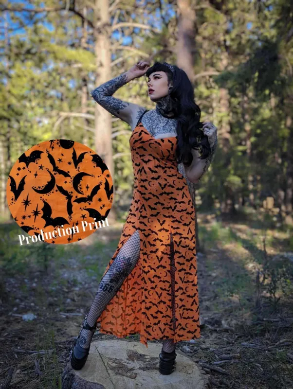 Lily Slip Dress in Orange Queen of Halloween Flocked Sparkle Mesh sold by Wax Poetic