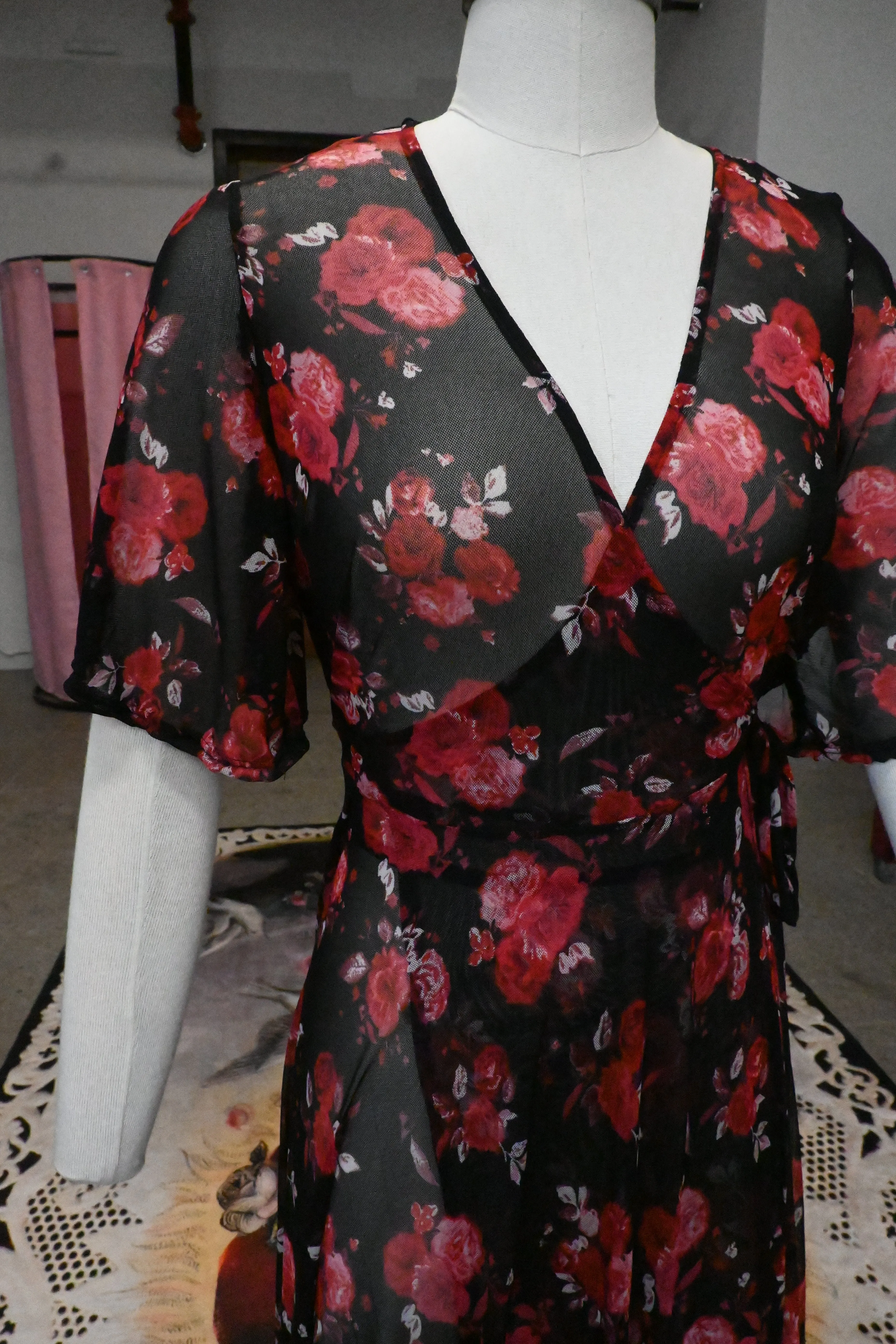 Lydia Wrap Dress in Rose Cluster Mesh sold by Wax Poetic product image thumbnail 3